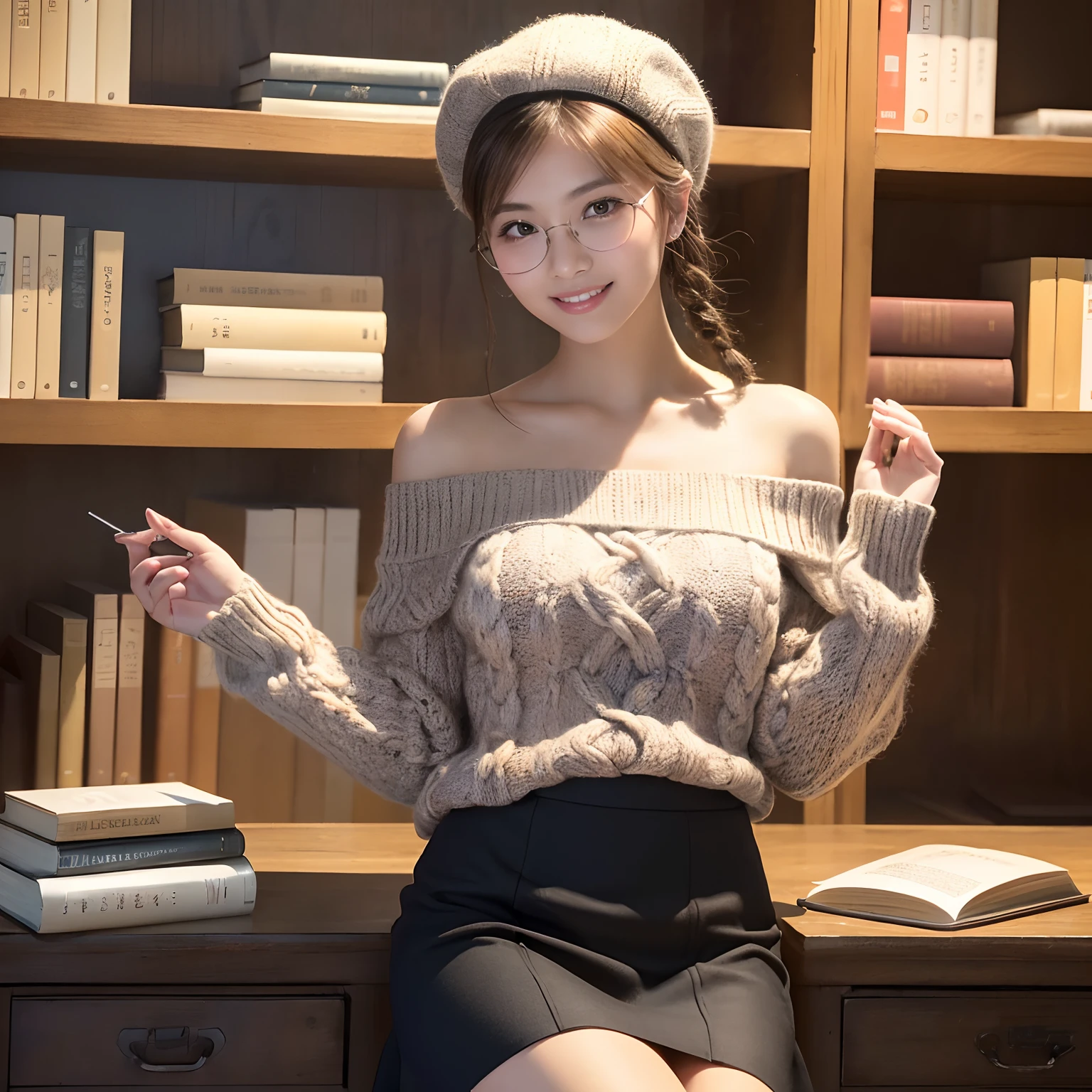 (One High School Girl,japanes,Pill glasses,Stand in the library,Looking at the camera、Stand next to a bookshelf,Brown Beret,Tied hair,Braided shorthair,short braided hair,Elegant round glasses,The cutest face,Knitwear with exposed shoulders,off-shoulder knit,Chunky warm knitwear,off-shoulder knit,Elegant tight skirt with diamond pattern,a lot of diamond-shaped skirts,,Elegant fabric tight skirt,amazing black and brown skirt with a diamond-shaped pattern,,Emphasize body lines,Literary girl,Have a book,Exact book,big books,View here,Fair skin,Natural light with warm tones,Shooting from the knee up,Library bookshelf on background,See the perfect camera here,Clean teeth,perfect teeth,White teeth,finerly detailed face,Quality and beautiful face,Clear and beautiful face,Perfect gas chamber,Perfect fingers,Perfect hands,Accurate 5 fingers))Top image quality,in 8K、professional photograpy,Realistic quality,