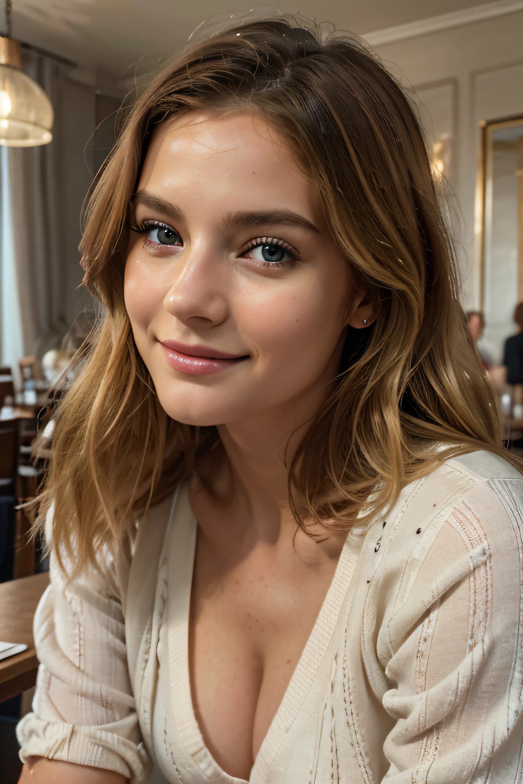 Beautiful blonde with blonde highlights, wearing a beige sweater (in einem Café, das Limonade trinkt), sehr detailliert, 22 Jahre alt, Gesicht unschuldig, Natural wavy hair, blaue Augen, high resolution, Meisterwerk, beste-Qualit, komplizierte hohe Detailgenauigkeit, sehr detailliert , scharfer Fokus, detaillierte Haut, realistic skin Textur, Textur, Detaillierte Augen, Fachmann, 4K, charming smile, gefilmt mit Canon, 85 mm, shallow depth of field, Kodak Vision Color, perfectly fitting body, Extremely detailed, Fotografie_ \(Ultra\), fotorealistisch, Realistisch, Nachbehandlung, maximale Details, Rauheit, wahres Leben, Ultra realist, Fotorealismus, Fotografie, 8K UHD, Fotografie