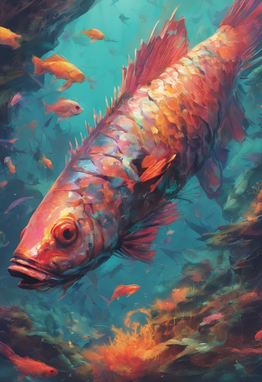 Medium-sized fish（Such as mullet） Obvious mullet characteristics Deep sea pollution Radioactive waste Ecosystem collapse Broken food chain Unnatural colors Corroded rind Bright warning colors Rethinking our behavior Striking visual metaphors Missing fins