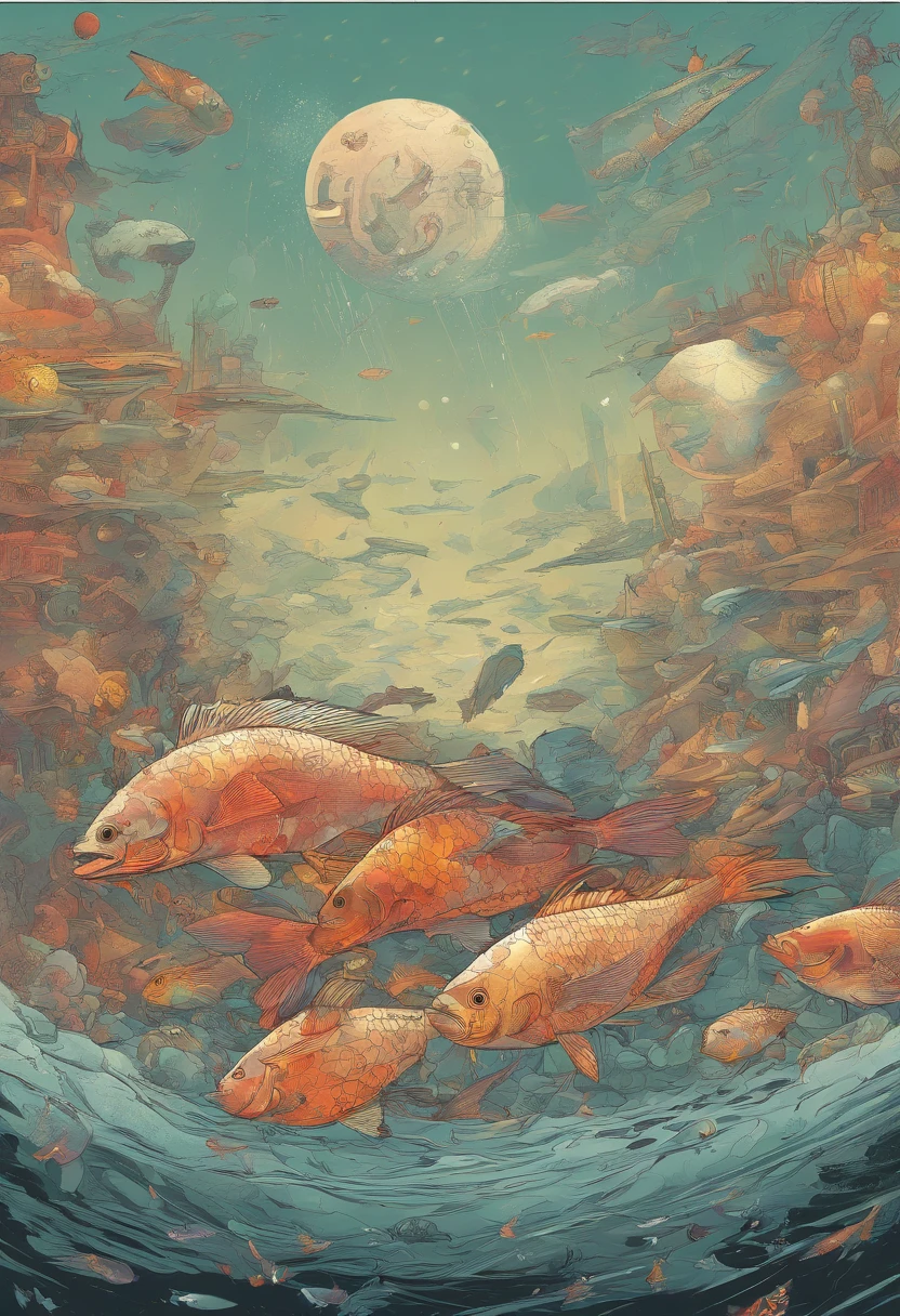 Medium-sized fish（Such as mullet） Obvious mullet characteristics Deep sea pollution Radioactive waste Ecosystem collapse Broken food chain Unnatural colors Corroded rind Bright warning colors Rethinking our behavior Striking visual metaphors Missing fins