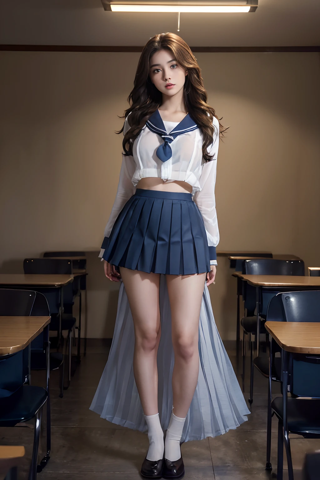 ((beautiful a girl:1.3))((School Uniforms:1.4))((Long-sleeved sailor suit)),((See-through sleeves))((Pleated skirt lift:1.5))((FULL BODYSHOT)) ((pantyshot:1.5)) ((highschool)) ((erectile nipple:1.3)),((Dark blue skirt:1.3)) ((in class room:1.3)) ((Thin_fabric:1.4)) ((Random sexy poses:1.3)) ((with a flushed face:1.4)) ((huge tit:1.2)) ((close-up:1.2)) Best Quality,masutepiece,超A high resolution,(Photorealistic:1.4),Raw photo,(Authentic skin texture:1.3),(Film grain:1.3),the panorama,Character Portrait,Very Wide Shot,Narrow waist,Cowboy Shot,(In the Dark, deepshadow, lowkey, cold light,) Night,Streaming Tears,,Dust,Tindall Effect,(expression),1girl in,beautiful detailed eyes and face,White Jabot,Thin eyebrows、Brown eyes,((Brown hair:1.2))((Loose and wavy hair))((Super long hair)) ((Full body:1.3))((Eyes closed))((The chest is arched a lot.))