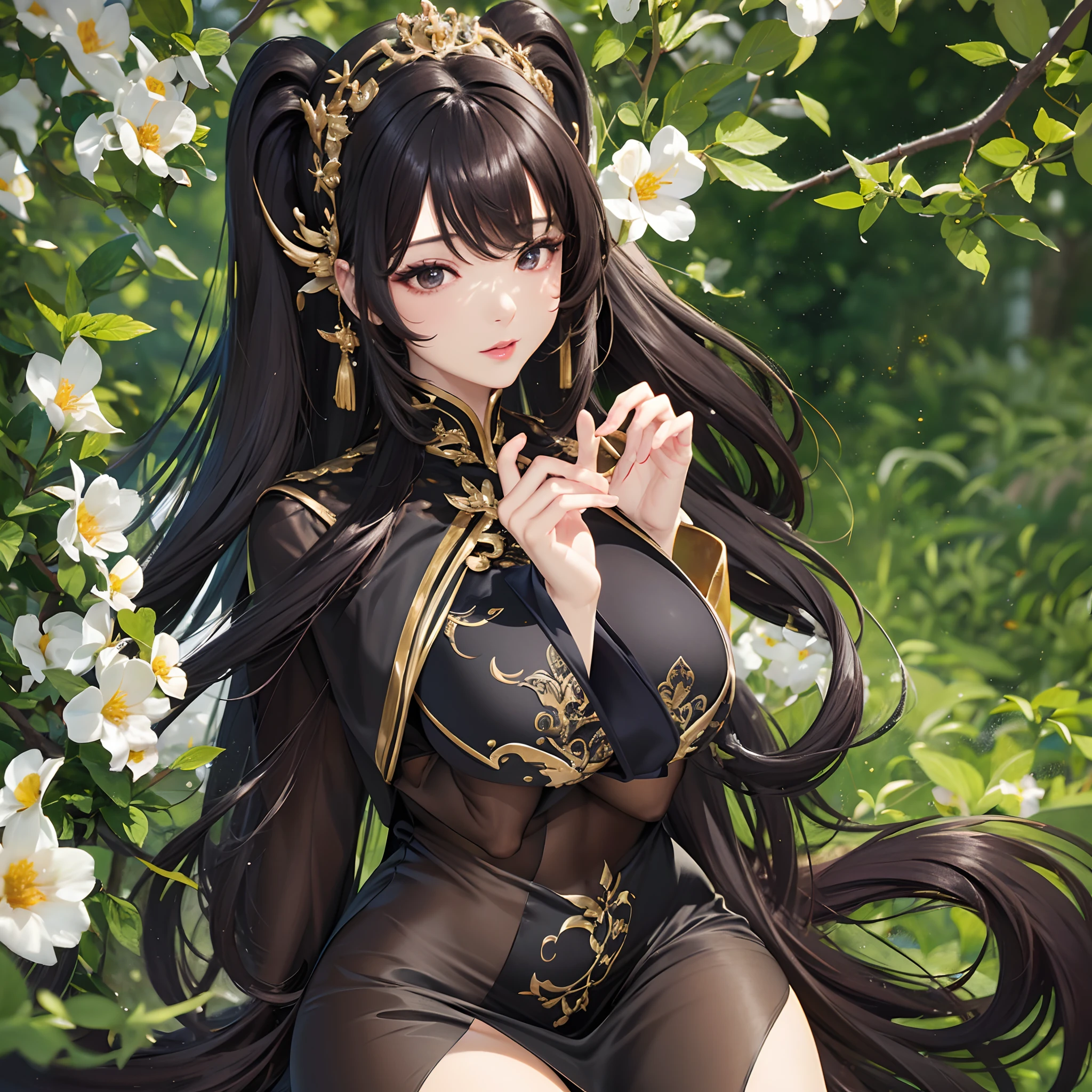 masterpiece、top-quality、hight resolution、High-quality images、8K、the detail、1lady、Photorealsitic、skin gloss、Texture、Lustrous hair、Detailed eye depiction、s lips、Black long hair、poneyTail、portlate、Long body、sensually、Thicker thighs、Background of Impressionism