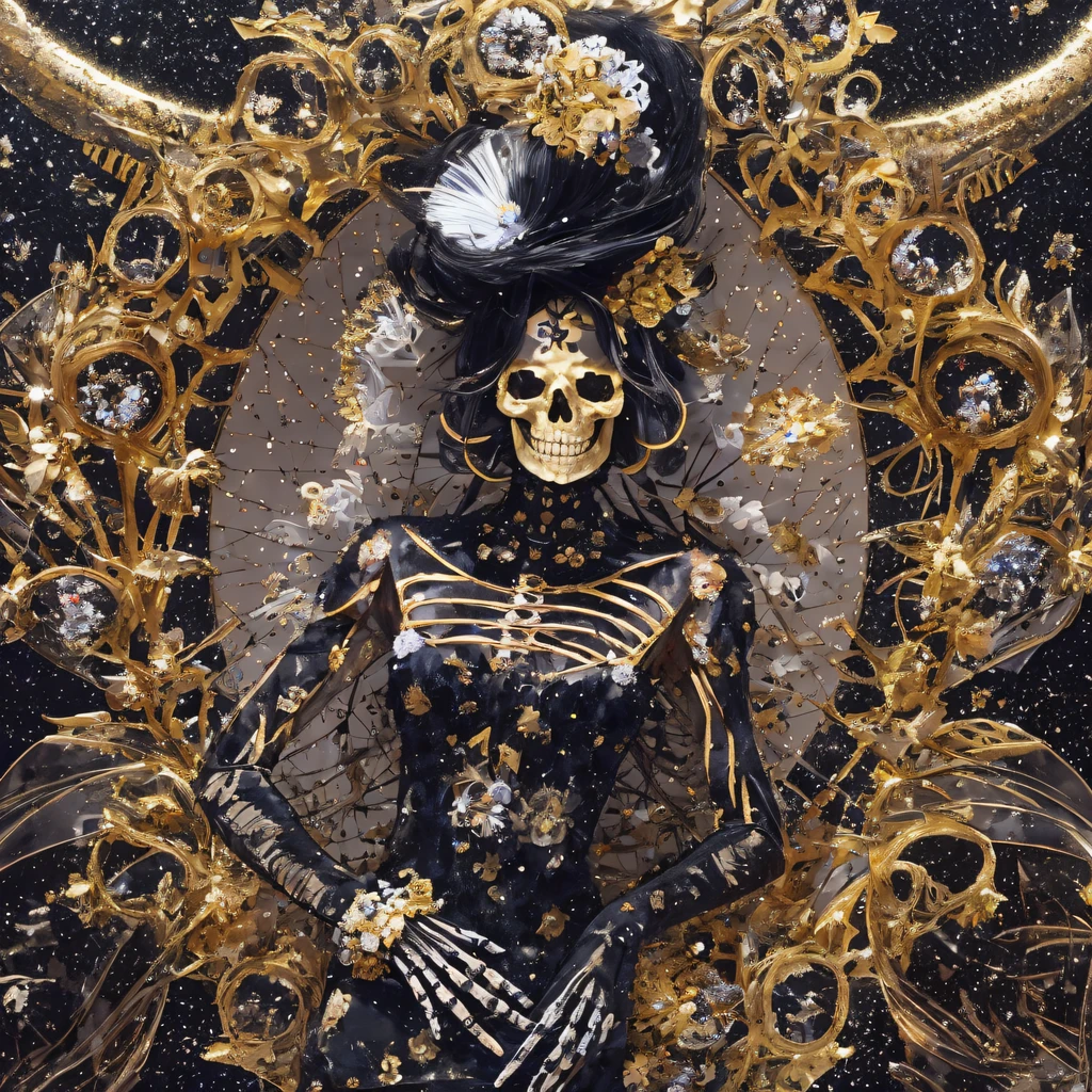 National style crystal skeleton circle,Flying nine-tailed fat skull flame ethereal toad star,Golden-black damask white rabbit fur bra,Fuchsia pink diamonds, Tulle burgundy diamond shin guard,Red crystal skeleton explosion 1:900 miniatures,Front view,Pure transparency,Wear boxing gloves,Ice is permeable to gas,Film light and shadow,Panorama ultra-wide angle,extremely happy,The texture of the real person is delicate,Strong visual impact,Hyper-detailing,Dream crystal skeleton,Refined face,prettyeyes,high saturated,Wear reflective sunglasses with a thick gold thread,crystal-clear,Good sense of perspective,Light and shadow effects,16K smooth,The surface is not well lit,Fluttering black hair crystal skeleton,((Crystal skeleton))
