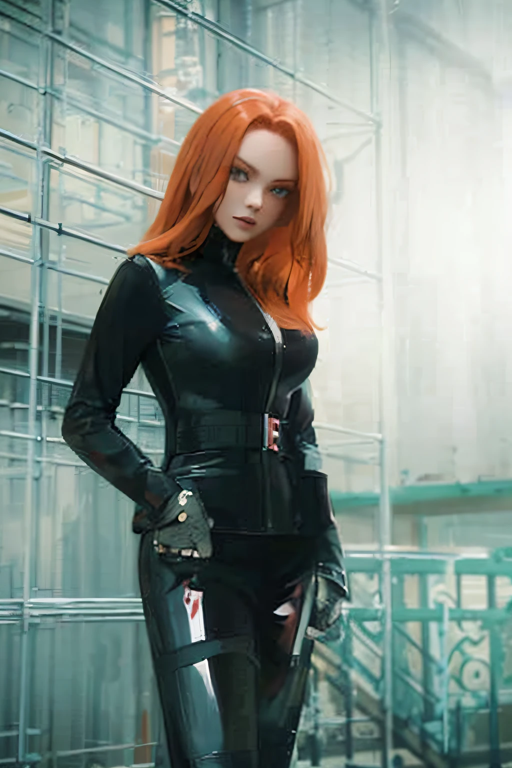 The image features a red-haired woman dressed in a shiny black latex leather suit. She is standing, holding a knife in each hand, exuding a sense of determination and power. The background might include elements like an iron-barred window or a staircase, suggestive of an urban setting or possibly an indoor location.