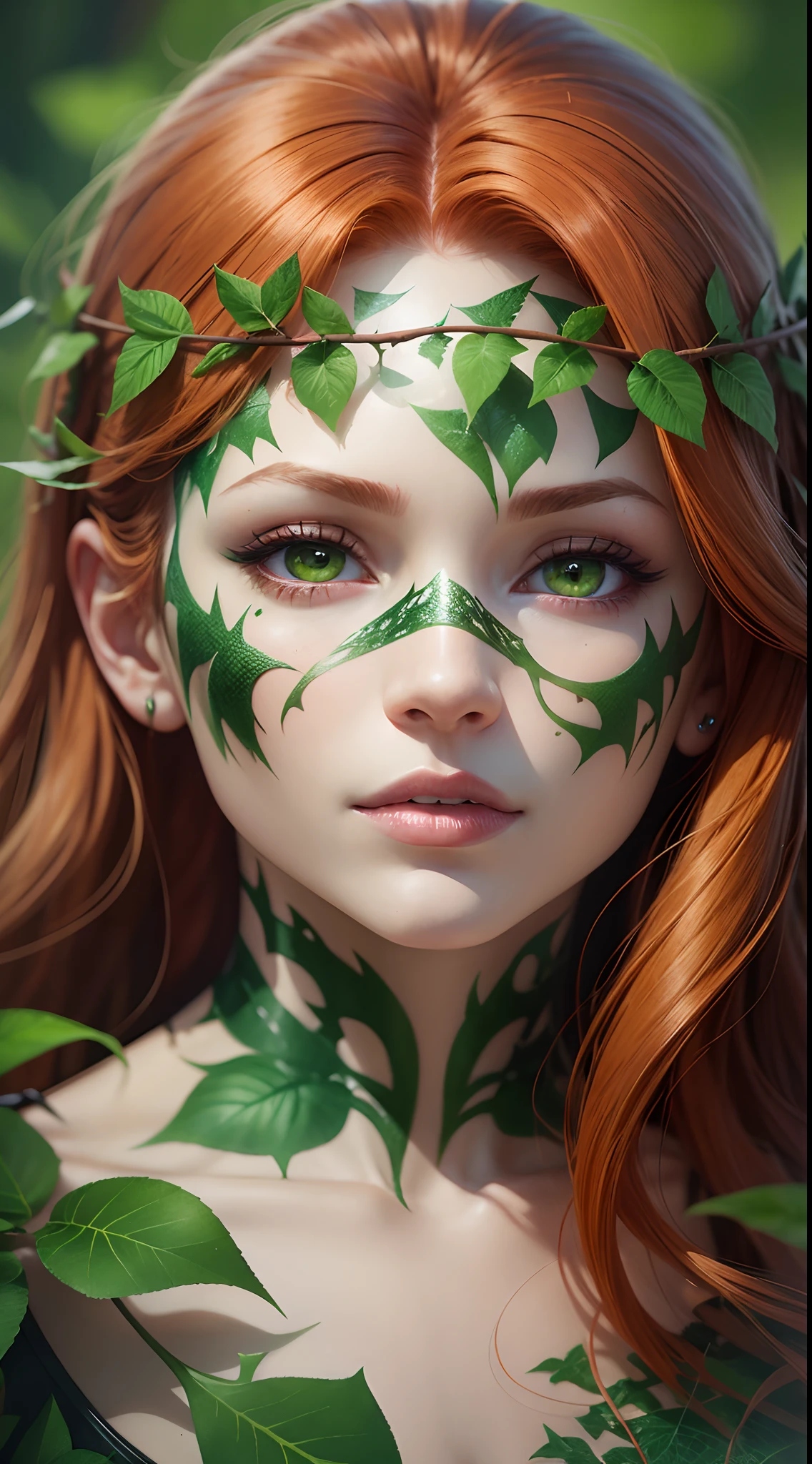 Front view face of a beautiful girl and poison ivy, the skin of the face is tattooed with poison ivy, flowers, triple exposure, the girl's skin is completely composed of poison ivy leaves, dark fantasy, high detail, high quality, hyperrealism, CGI, 8K, clear focus.   ginger hair,green eyes --auto --s2