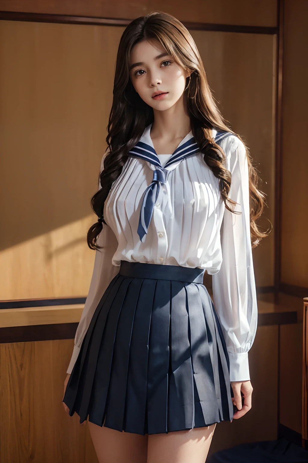 ((Kumiko Goto:1.3))Beautiful detailed face、Pale skin、Realistic glowing skin、Detailed cloth texture、Detailed hair texture、Perfect body、Beautiful Face、correct、Anatomically correct、 Highly detailed face and skin texture、Natural neck length、(Beautiful Hands)、(Fair skin:1.2)、Thin legs、Thin legs、 break 細かい目元、Symmetrical eyes、Light brown eyes、double eyelid、Thin eyebrows、(Glossy Lips:1.4)、((Gentle smile:1.2))、(blush:1.1)、 break (Elegant and cute girl:1.3)、Medium-sized large breasts、(Slim body type:1.1)、Toned Abs、Beautiful clavicle、 (Dark Blonde、Wavy Hair、Long Hair:1.2)、(Cowboy Shot:1.2)、((wearing student clothes、Long sleeve sailor suit worn by Japan 、blue cuffs、Dark blue mini pleated skirt, white socks、Black loafers)))、shy smile、full figure supermodel standing, entire body in frame、standing gracefully、in high school classroom