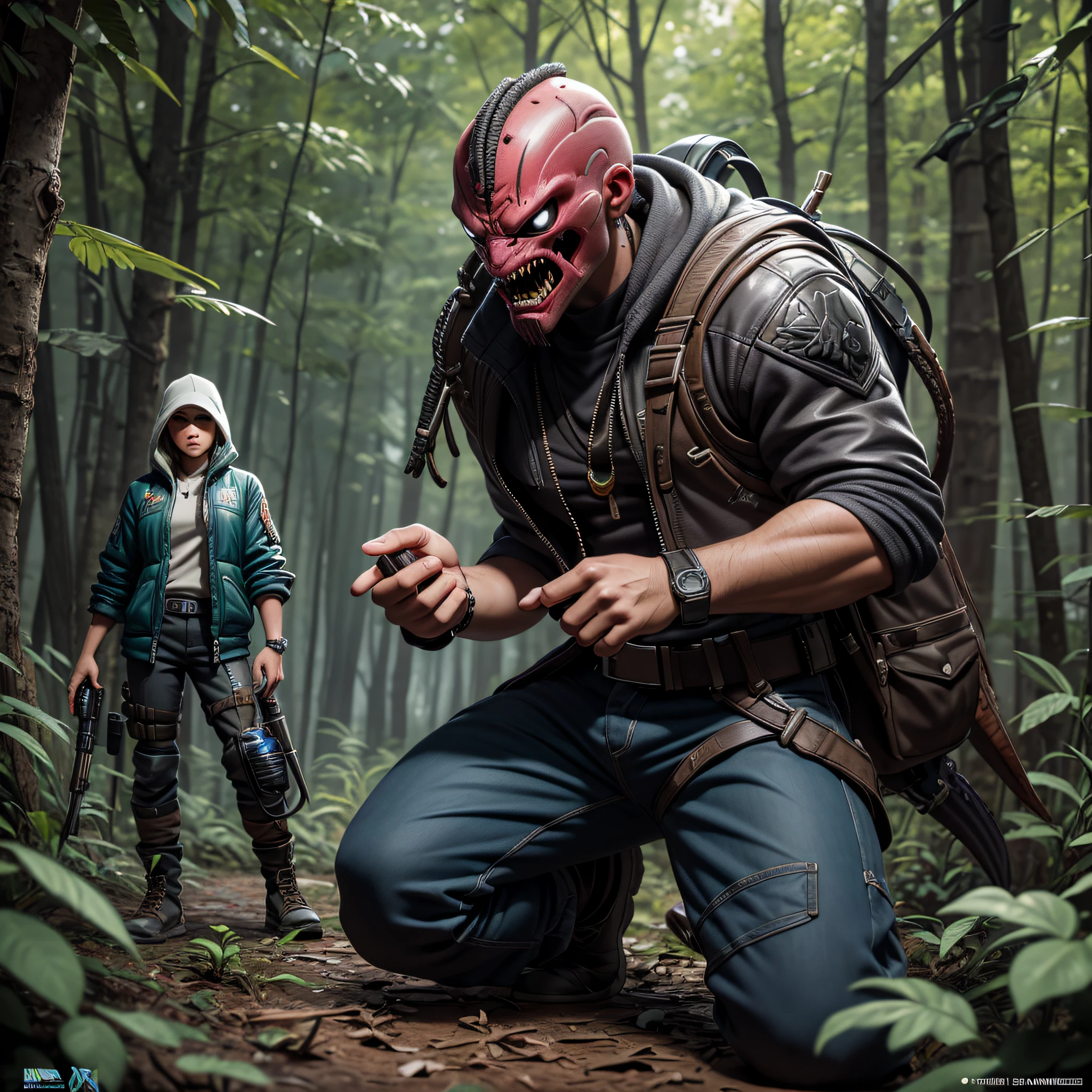 A shocking encounter of Hip Hop Hunter with the Cyberpunk Predator hunter in the woods, insanely detailed and intricate scene, a masterpiece photo realistic image of Color Comic Maestro Don Lawrence