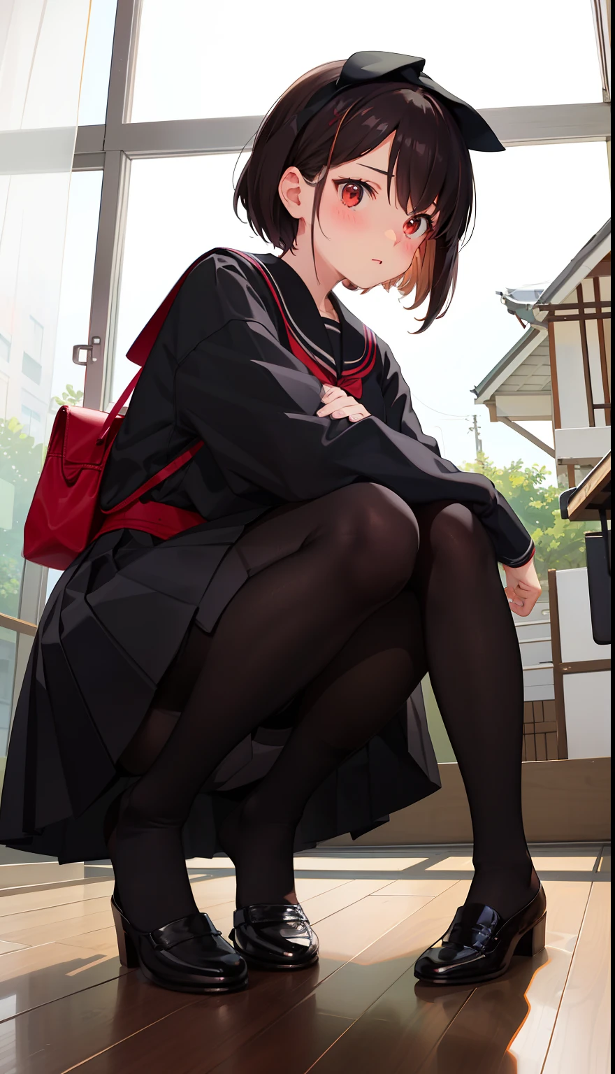 1girl in、Front-facing、Composition from below、crouching down、Panchira、Full body portrait、brown haired、Shorthair、Medium haircut、red blush、Absolute area、Black knee socks、Black Knee High、Black stockings、Black pantyhose、Black Lace Pantyhose、White underwear、white panties、No shoes、hands off shoes、White pleated skirt、student clothes、Japan High School Student Uniform、summer clothing、Bedrooms、in a house、during daytime、(small tits)、((full body Esbian))、masterpiece、(top-quality)