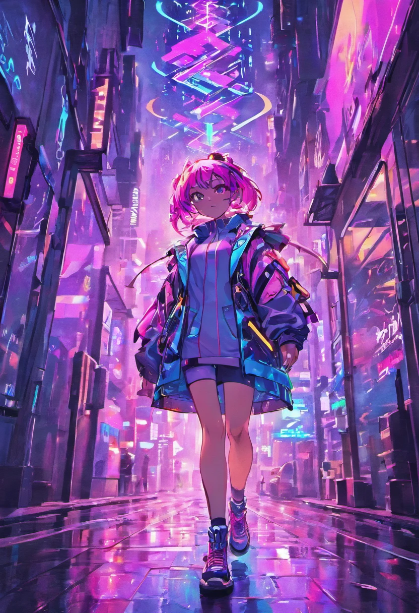 (best quality,4k,8k,highres,masterpiece:1.2),ultra-detailed,(realistic,photorealistic,photo-realistic:1.37),cyberpunk girl,Neon Kaleidoscopixie,girl with vibrant neon hair,vibrant glowing eyes,glowing neon tattoos on her body,high-tech cybernetic implants,shimmering holographic clothing,gritty urban cityscape background,bright neon lights and signs reflecting on wet pavement,pixelated digital rain falling,giant holographic animal companions following her,futuristic hoverboard under her feet,deep shadows and contrasting colors,retro-futuristic aesthetics,fluorescent lights creating a surreal atmosphere,visually stunning and immersive,neon-lit underground club scene,sharp focus on her captivating expression,iridescent butterfly wings sprouting from her back,energetic cyberpunk music playing in the background,cityscape illuminated by neon skyscrapers,artificial intelligence assistant floating by her side,transparent umbrellas shielding her from the rain,LED light trails following her movement,electric blue and hot pink color palette,evoking a sense of mystery and excitement,blinking neon signs advertising futuristic gadgets,enhanced reality glasses enhancing her vision,holographic art installations evolving in the city,wireframe buildings and floating platforms,interplay of light and shadow creating dramatic effects,mix of organic and mechanical elements depicting the blend of humanity and technology,embracing the spirit of rebellion and individuality,depicting a futuristic world filled with energy and technology advancements.