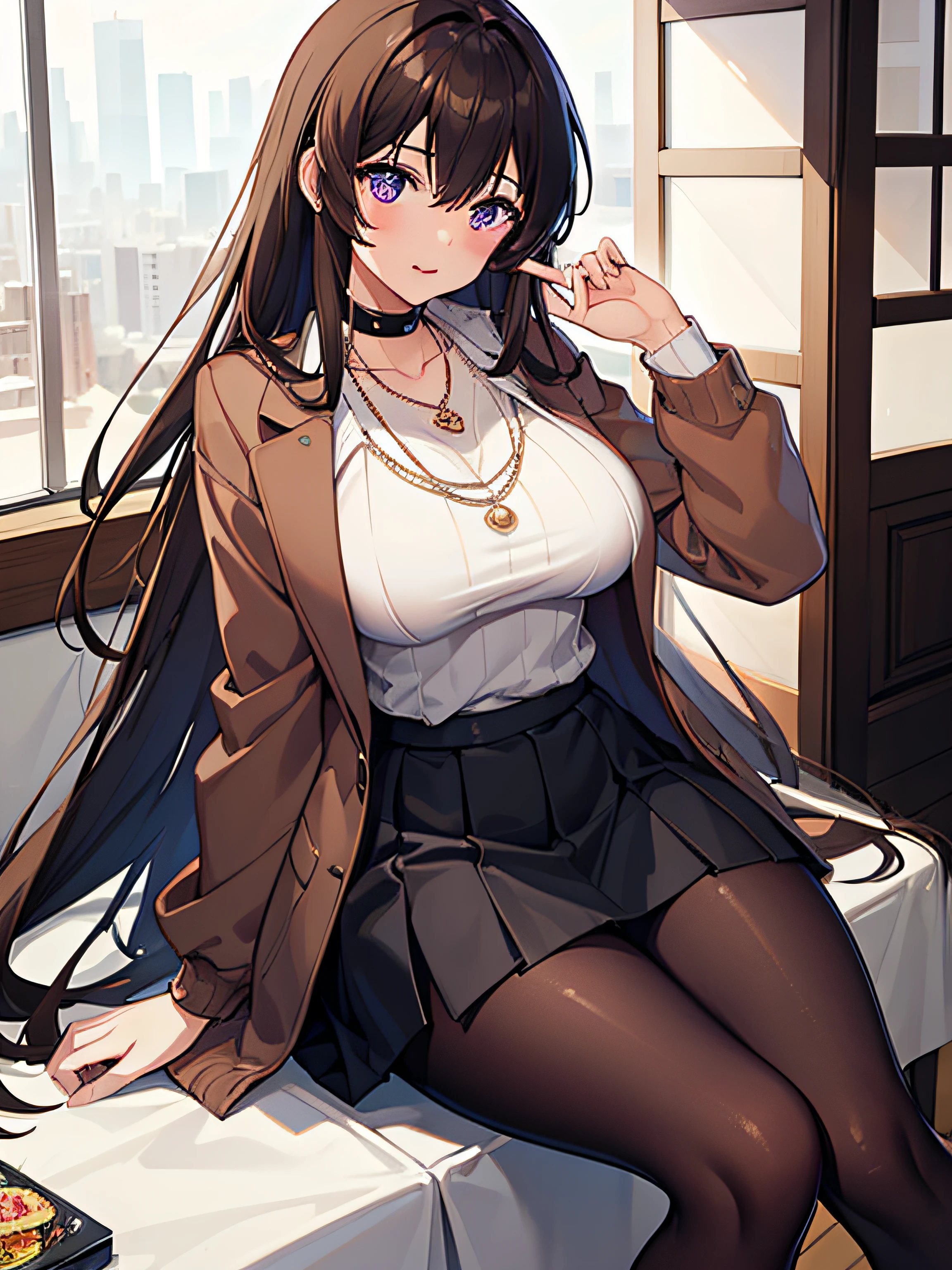 (((Best quality))), 1girll, Brown hair, Sweater, Jacket, Large breasts, Purple eyes, Long hair, Default skin, Skirt, Pantyhose, Japanese, necklace, Sitting