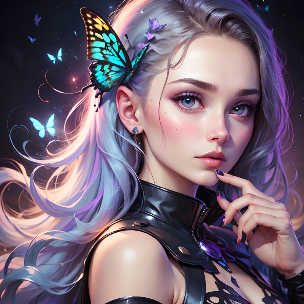 A princess，glowing tattoo，Complex geometry, Colorful blur, Evening dress，abstract backgrounds。shadows and highlights，subtle reflections，charming body，Black light art，fluorescent art，glow in the dark art，dark temptation，The beauty of tattoos，Neon lights，Enchanting fantasy。(best quality,4k,8k,highres,masterpiece:1.2),ultra-detailed,(realistic,photorealistic,photo-realistic:1.37), buterflies