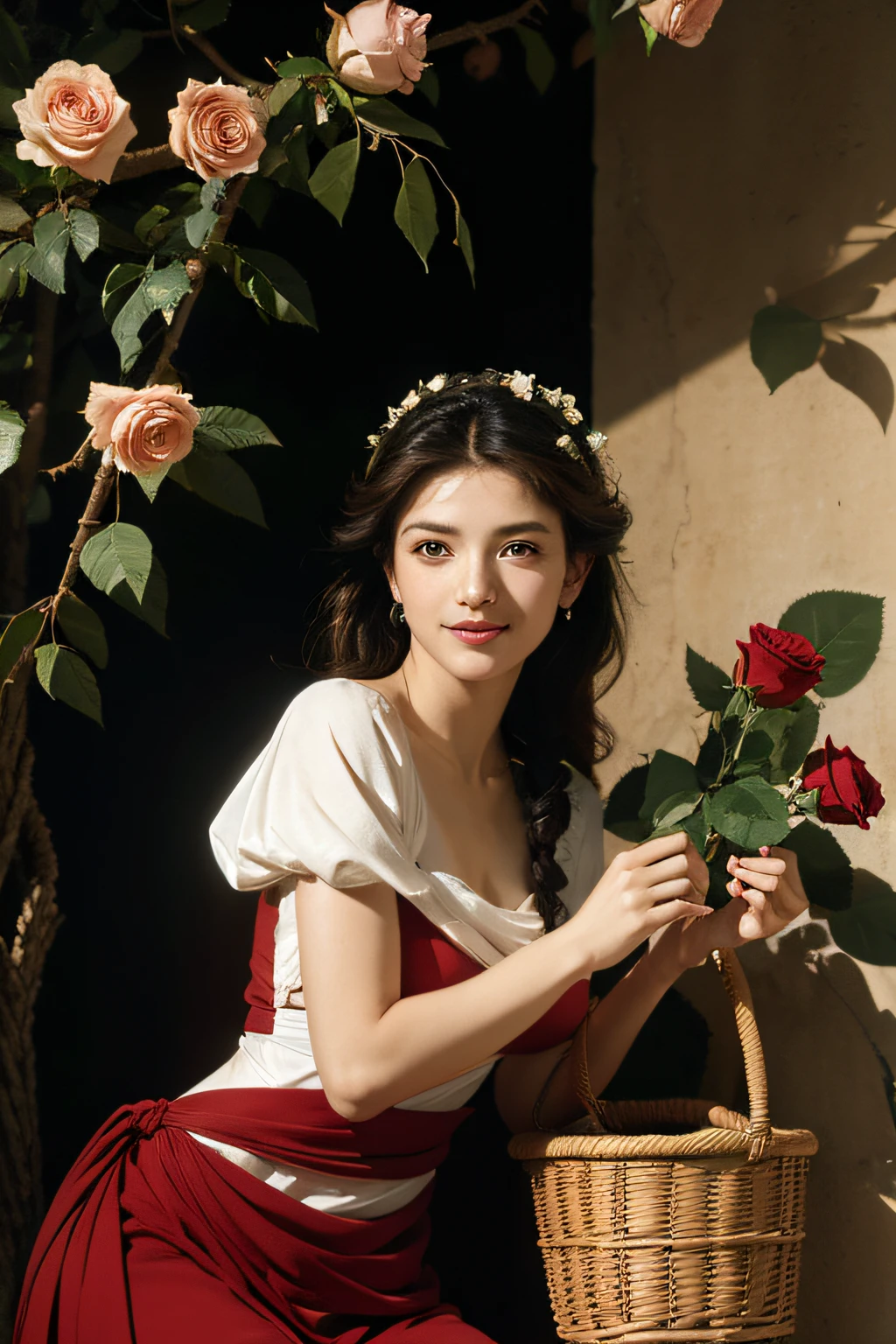 Rose tree,Caravaggio-style diagonal light from the left side of the wall,Cute smile,erotick,Costumes in the style of ancient Greece,A sexy,ecstacy,Beauty,Sweet ecstatic look.The amazing beauty of the fruit basket,Bouquet of roses,Caravaggio's paintings,Chiaroscuro of Caravaggio,Hair disheveled in the wind