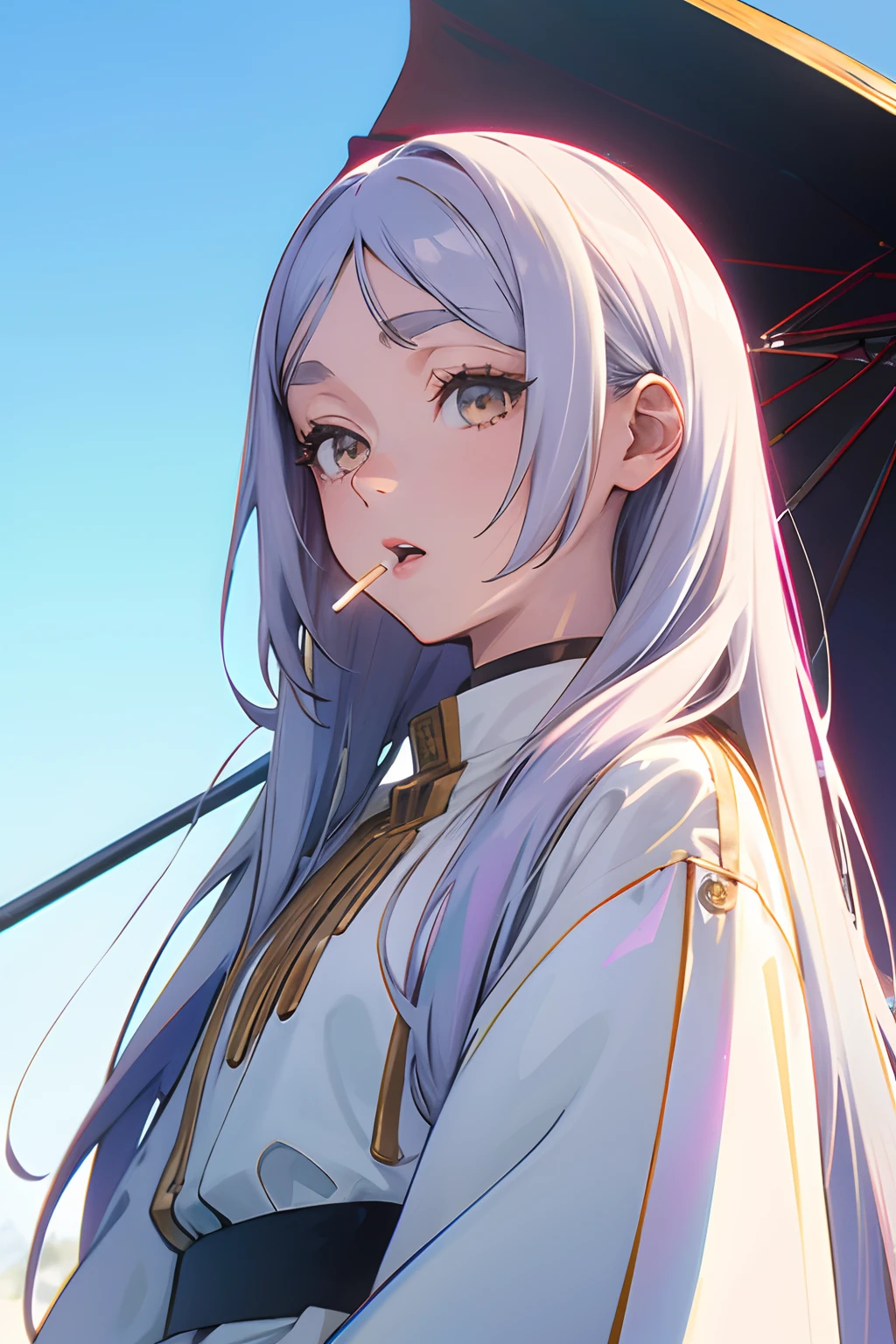 Official art, Unity 8k Wallpapers, ultra-detailliert, Beautifully Aesthetic, masterpiece, top-quality, realisitic, a closeup, Skindentation, interface, A detailed eye, A detailed face, detailed hairs, black backgrounds, straight-on, looking at the viewers, The sheen, Anime, looking at viewer with a cigarette in her mouth, highly detailed with reflections transparent iridescent opaque jacket, Long transparent iridescent RGB hair, 1girl in, Solo, fronds, Long hair, Blurry, Shirt, Parted lips, Outdoors, Floating hair, Long sleeves, White shirt, Bangs, Upper body, Open mouth, tusk, Brown eyes, Wind, Winters,Yuki,snowscape,Blurry background, day, depth of fields, bug,Funeral Freelen,Freelen,White hair,