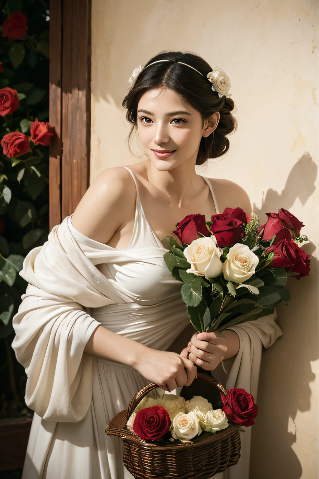 Rose tree,Caravaggio-style diagonal light from the left side of the wall,Cute smile,erotick,Costumes in the style of ancient Greece,A sexy,ecstacy,Beauty,Sweet ecstatic look.The amazing beauty of the fruit basket,Bouquet of roses,Caravaggio's paintings,Chiaroscuro of Caravaggio,Hair disheveled in the wind
