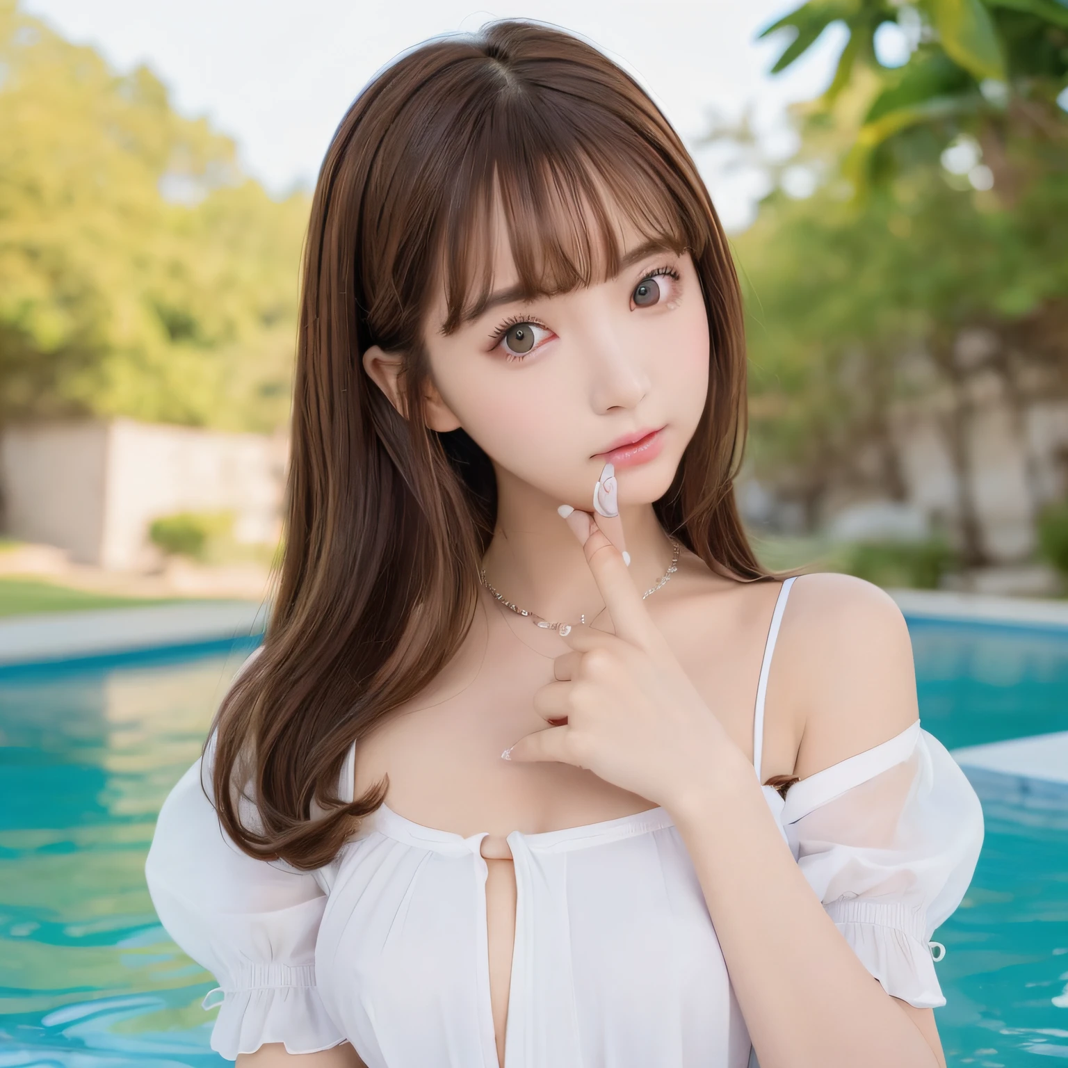pureerosface_v1, top-quality, Photorealsitic, 8K, hight resolution, 2People Girls, femele, (Skindentation), (portlate:0.6), a gorgeous, dynamicposes, ((poolsidebackground:1.6)), coconut tree, ((Medium Size Round Breast, White blouse:1.4)), straight look at viewer:1.8, (1 Girl's eyes looking at the viewer, medium lenght hair, brown haired, Putted Bangs:1.65), (bokeh dof), (Keep your mouth shut:1.46),a necklace、 Twintail hairstyles,Blue eyes、