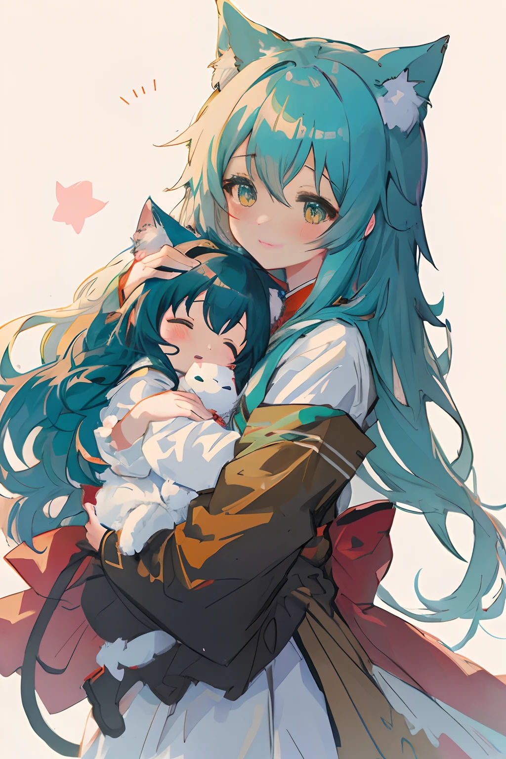 nime girl hugging a  cat sleaping in her arm, very beautiful anime cat girl, happy, shy, beautiful anime catgirl, trending on artstation pixiv, fluffy!!!, guweiz on pixiv artstation, by Shitao, anime girl with teal hair, kawacy, anime girl with cat ears, anime style 4 k, guweiz on artstation pixiv, fluffy!!!, happy, shy,