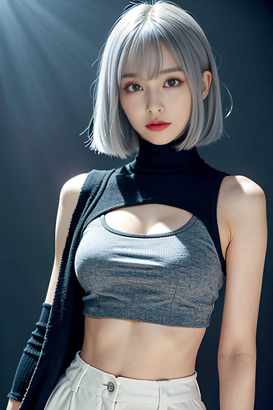 (8K, Raw photo, Best Quality, masutepiece:1.2), (Realistic, Photorealsitic:1.37), 1girl in,(Kpop Idol), Cute, Professional Lighting, Photon mapping, Radio City, Physically-based rendering, Black jacket, Black shirt, Black shorts, Blue eyes, Blunt bangs, cleavage cutout, Clothes Cutout, croptop, eyeshadows, Gradient Hair, Grey Hair, hair rings, White hair, multicolored hair, Navel, Shirt, Shorts, Sleeveless, sleeveless turtleneck, Sleeveless Turtleneck Crop Top, Stomach, turtle neck, Turtleneck Crop Top, Two-tone hair