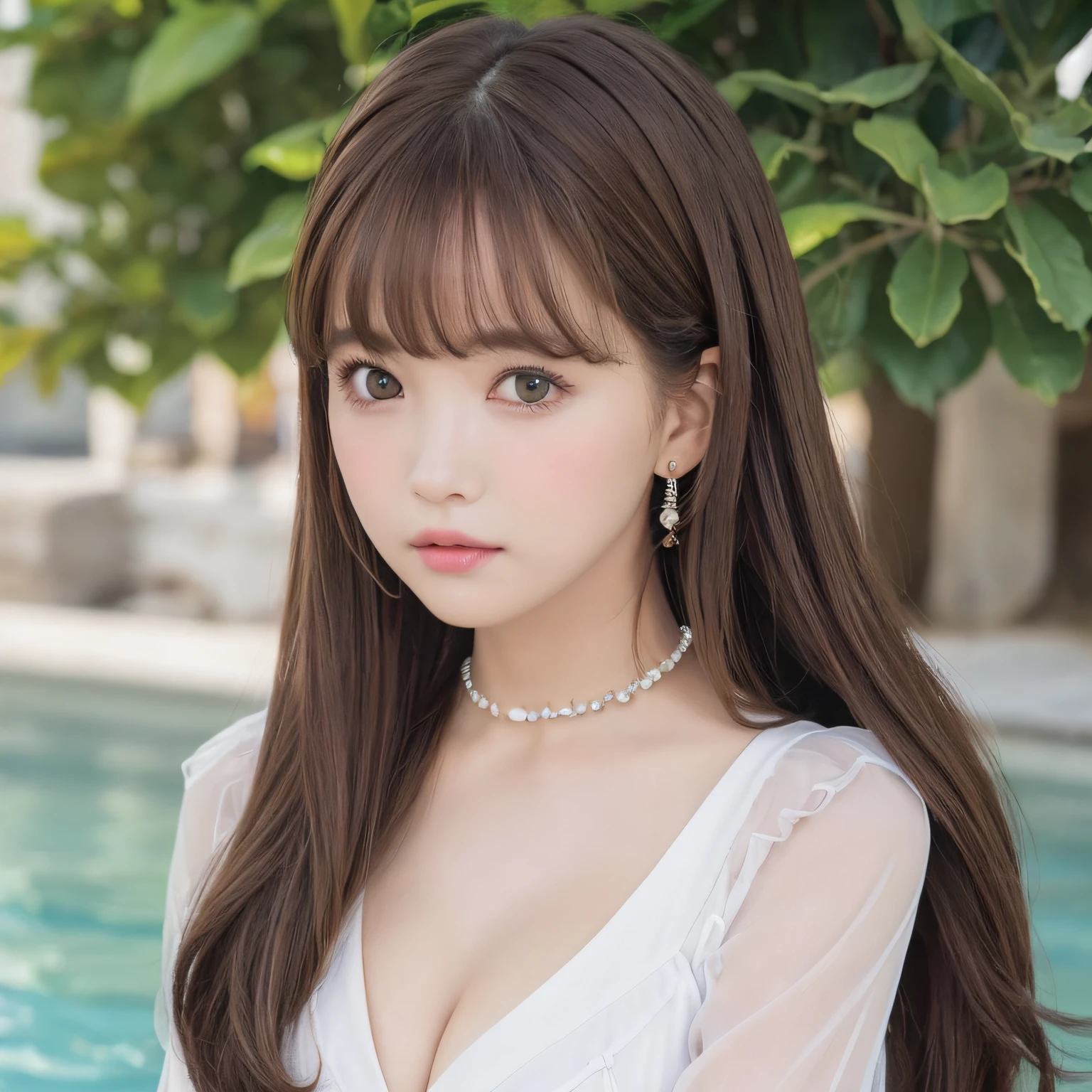 pureerosface_v1, top-quality, Photorealsitic, 8K, hight resolution, 2People Girls, femele, (Skindentation), (portlate:0.6), a gorgeous, dynamicposes, ((poolsidebackground:1.6)), coconut tree, ((Medium Size Round Breast, White blouse:1.4)), straight look at viewer:1.8, (1 Girl's eyes looking at the viewer, medium lenght hair, brown haired, Putted Bangs:1.65), (bokeh dof), (Keep your mouth shut:1.46),a necklace、 Twintail hairstyles,Blue eyes、