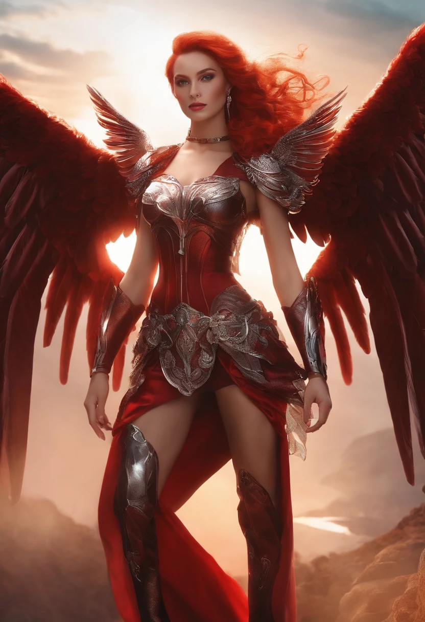 Red hair, poppy-red clothes, glasses, stud earrings, vintage, feminine, 8k, masterpiece, best quality, excellent detail) , (high saturation, best shadows, best light, extremely delicate bleaching) dark style, Cybelle, Swan girl, valkyrie, air elemental, winged girl, large white wings, athletic, fit, fitness model, athletic, athlete, athletic fashion model, tall, strong, great abs kind expression