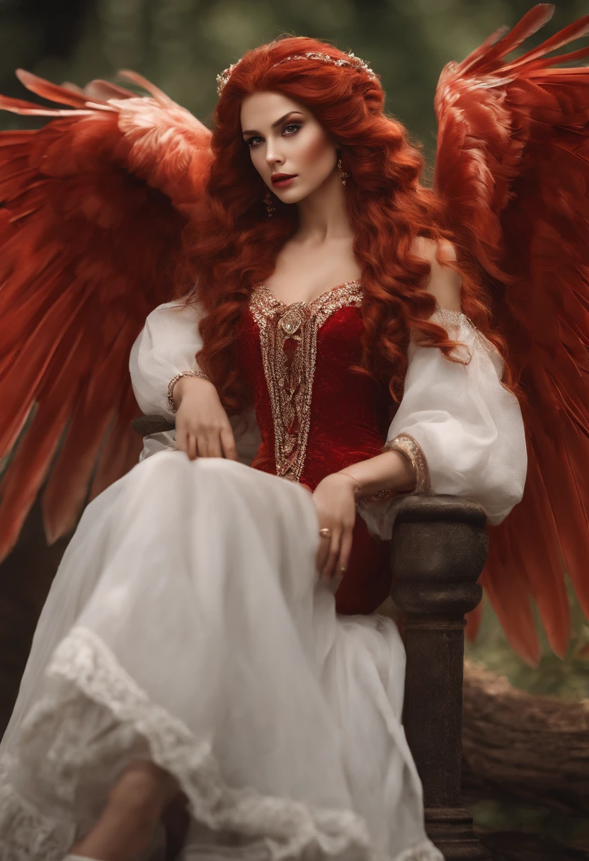 Red hair, poppy-red clothes, glasses, stud earrings, vintage, feminine, 8k, masterpiece, best quality, excellent detail) , (high saturation, best shadows, best light, extremely delicate bleaching) dark style, Cybelle, Swan girl, valkyrie, air elemental, winged girl, large white wings, athletic, fit, fitness model, athletic, athlete, athletic fashion model, tall, strong, great abs kind expression