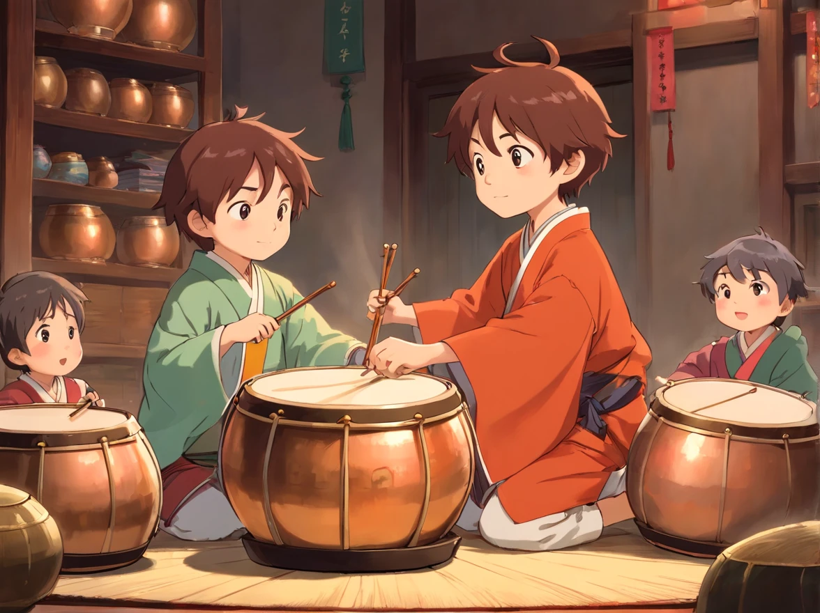 The little boy dressed in Zhuang costume decides to learn how to play a copper drum,Organized a group of friends to study together。The little boy and his friends found professional teachers to guide them,Practice the technique of hitting copper drums carefully。