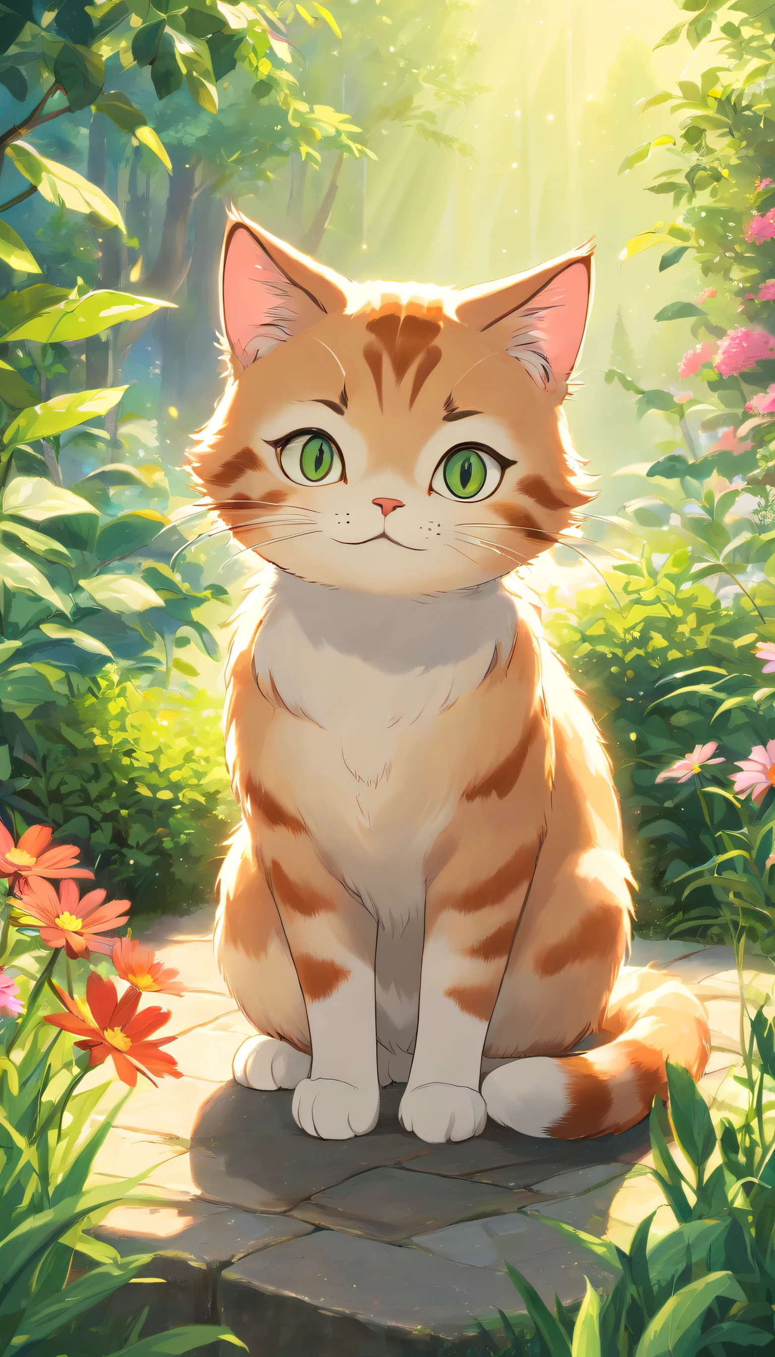 Anime cat sitting in the middle of a garden with flowers - SeaArt AI