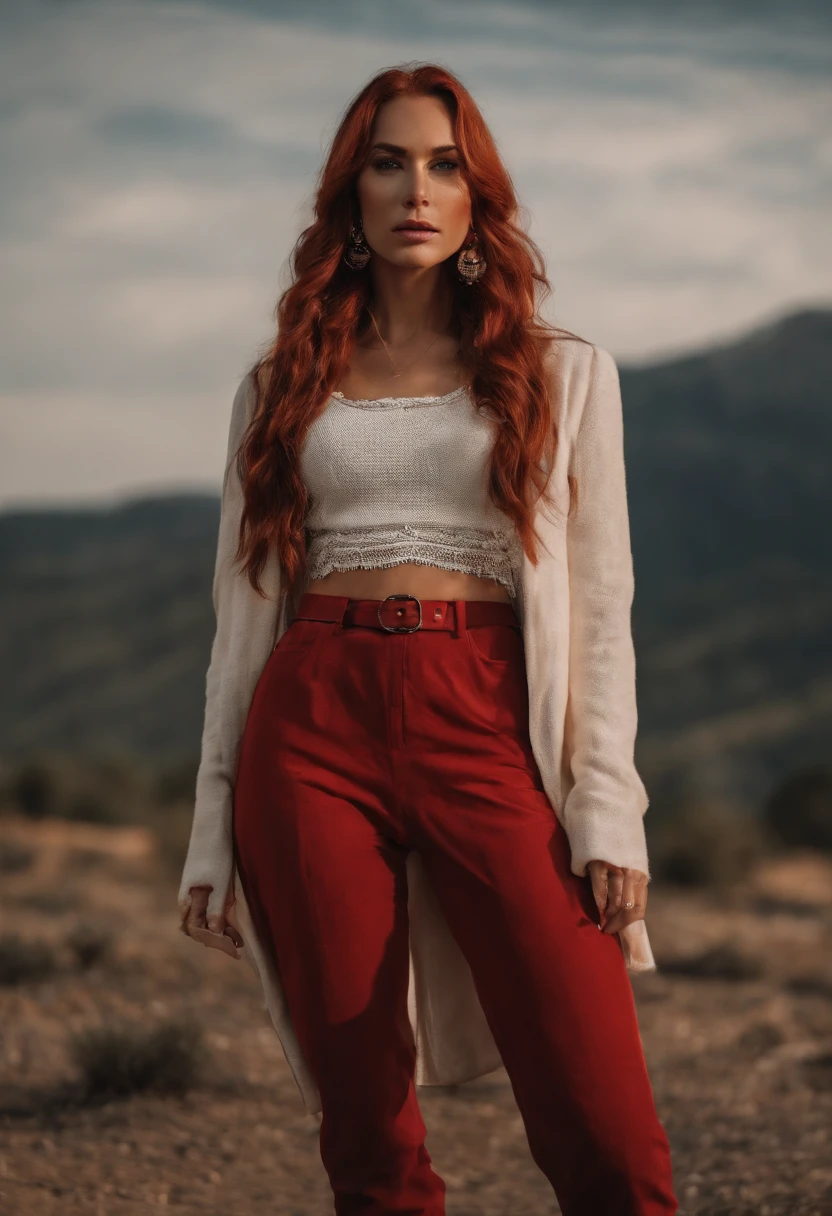 Red hair, poppy-red clothes, glasses, stud earrings, vintage, feminine, 8k, masterpiece, best quality, excellent detail) , (high saturation, best shadows, best light, extremely delicate bleaching) dark style, Cybelle, Swan girl, valkyrie, air elemental, winged girl, large white wings, athletic, fit, fitness model, athletic, athlete, athletic fashion model, tall, strong, great abs kind expression