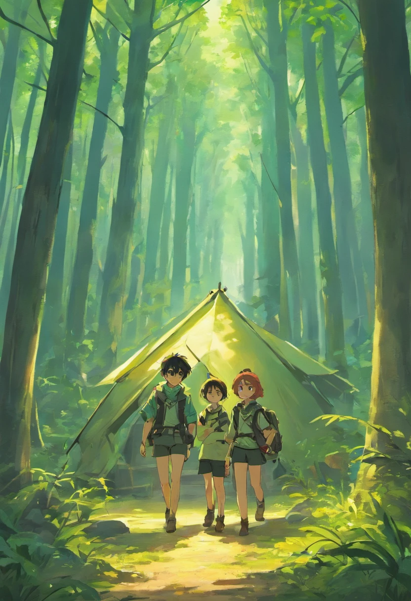 Two dark-haired, 11-year-old boys accompanying three children into a strange forest full of streams and obstacles, The three children wear old clothes and are barefoot while the two 11-year-old boys carry a backpack, imagem bem detalhada