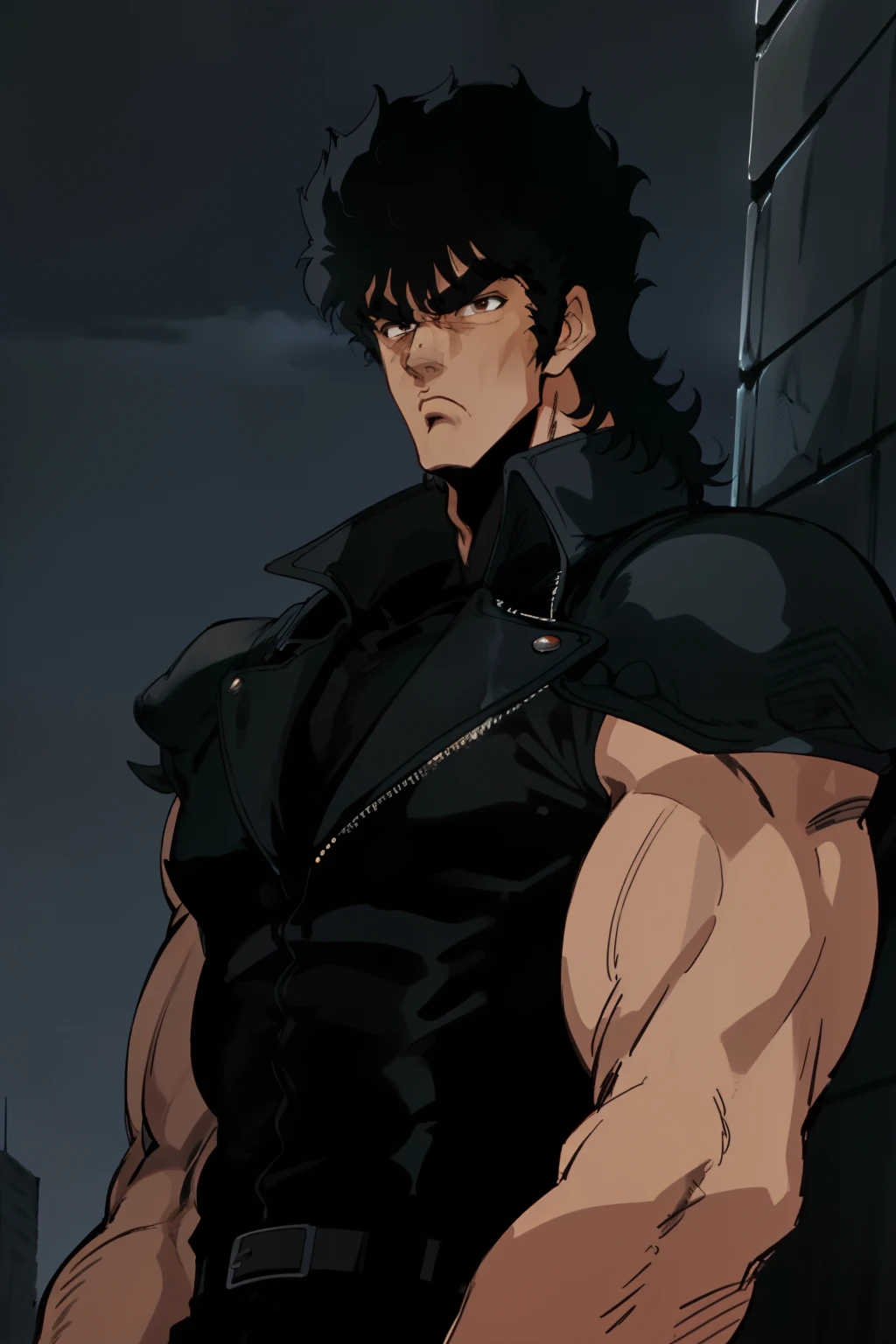 1man solo muscular soldier male , black  hair, with a serious expression, wearing a black leather jacket,  looking at something, at night, HNKstyle, 80's anime,