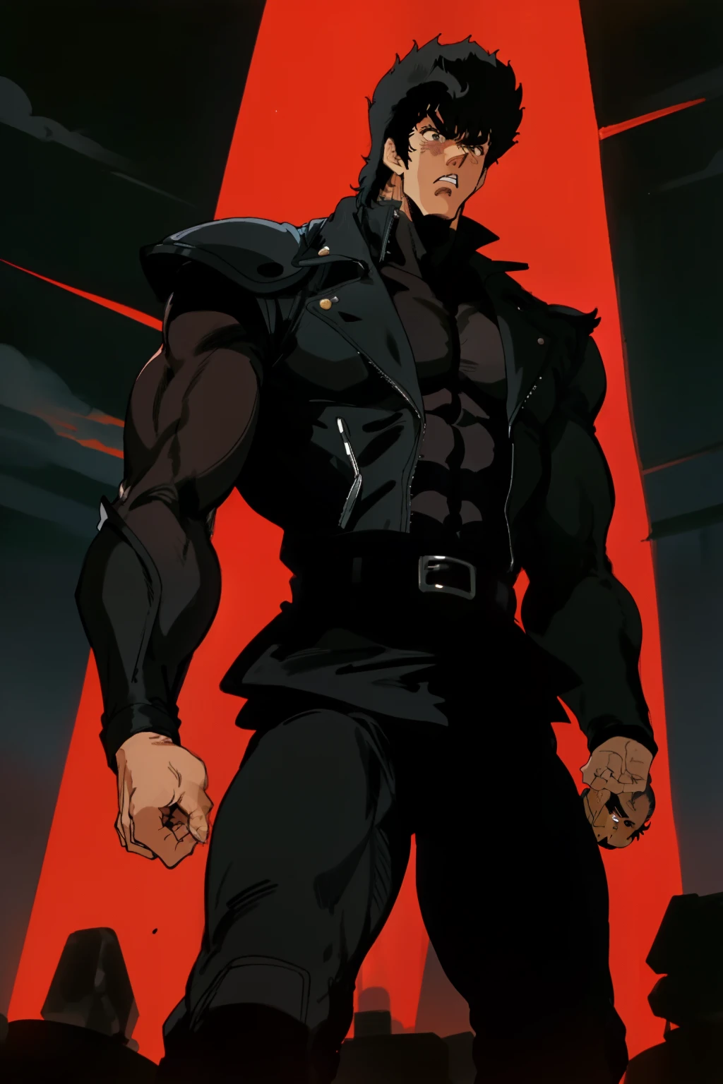 1man solo muscular soldier male , black  hair, with a serious expression, wearing a black leather jacket,  looking at something, at night, HNKstyle, 80's anime,