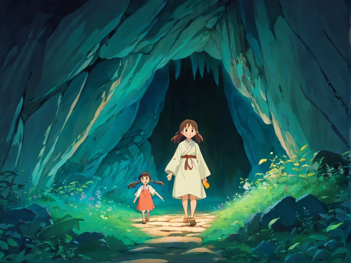 When night falls,The cave emits a soft glow,This moment seems sacred and fantastic。The little boy and girl walked into the cave with nervous and excited expressions。The interior of the cave is illuminated by light,It reveals a mysterious atmosphere。