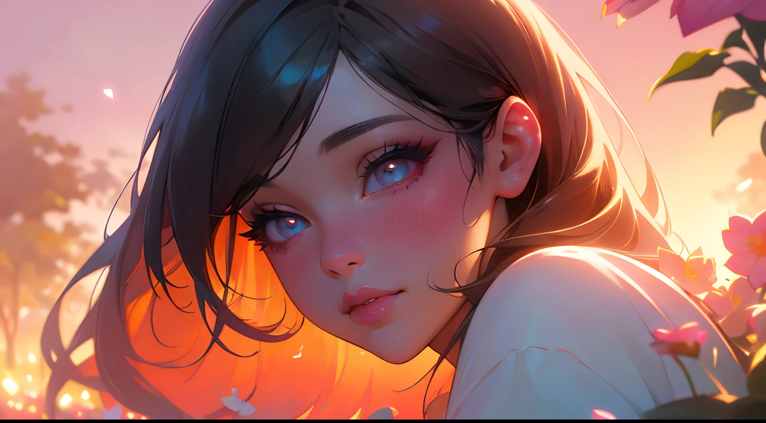 best quality,highres,ultra-detailed,realistic:1.37,girls with glowing hearts in their eyes,beautiful detailed eyes,beautiful detailed lips,long eyelashes,loving expression,soft lighting,garden scenery,flowers blooming,colorful atmosphere,vivid colors,sunset glow