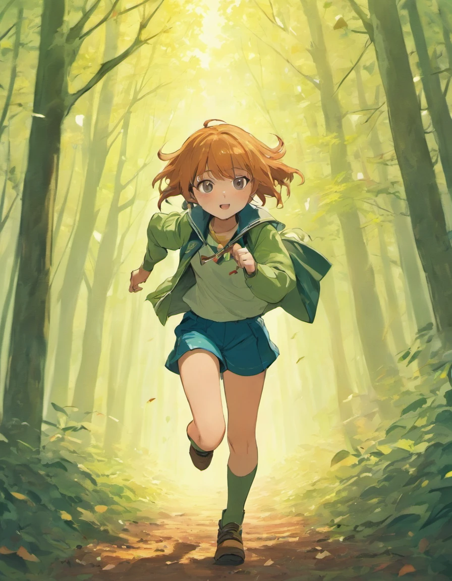 Costume planning theme autumn and winter return to dust , a boy, a girl in the forest, wearing a scout shirt, running happily . There is 1 hut