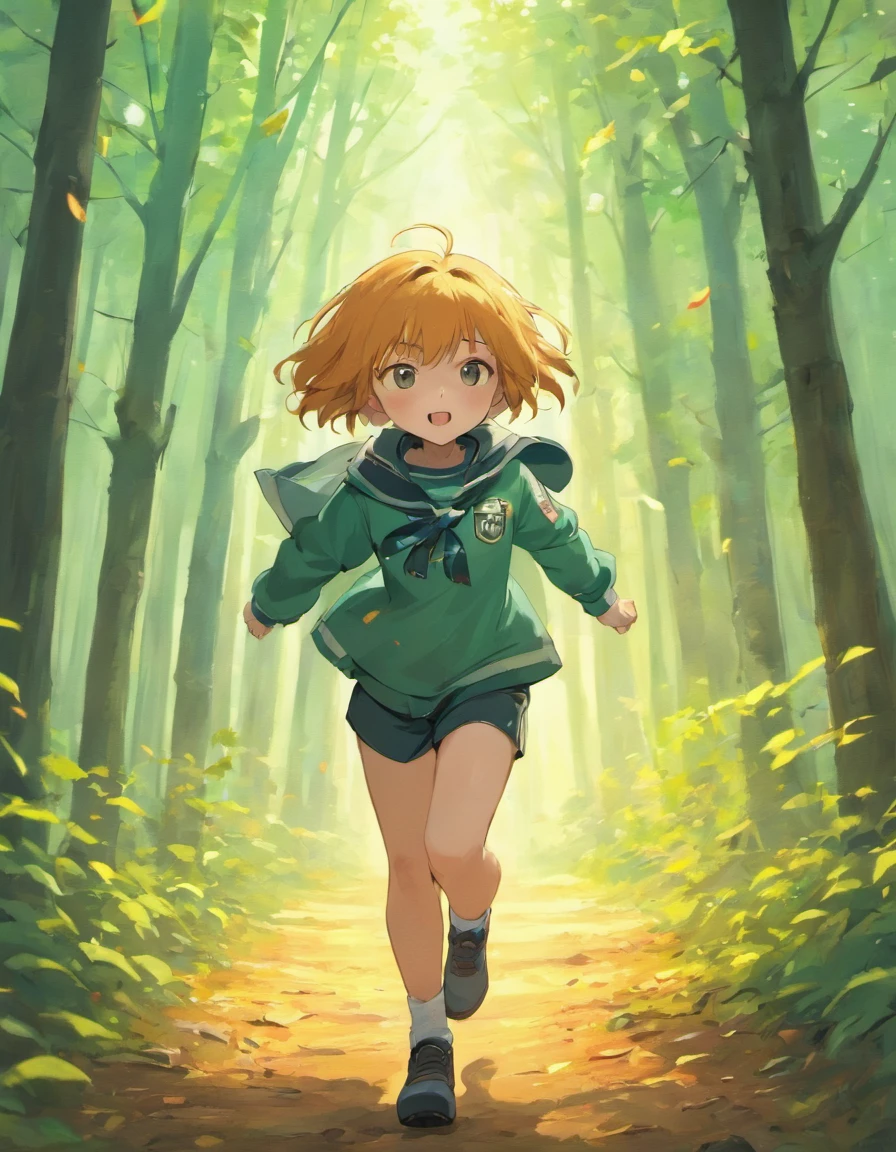 Costume planning theme autumn and winter return to dust , a boy,  a girl in the forest, wearing a scout shirt, running happily . There is 1 hut