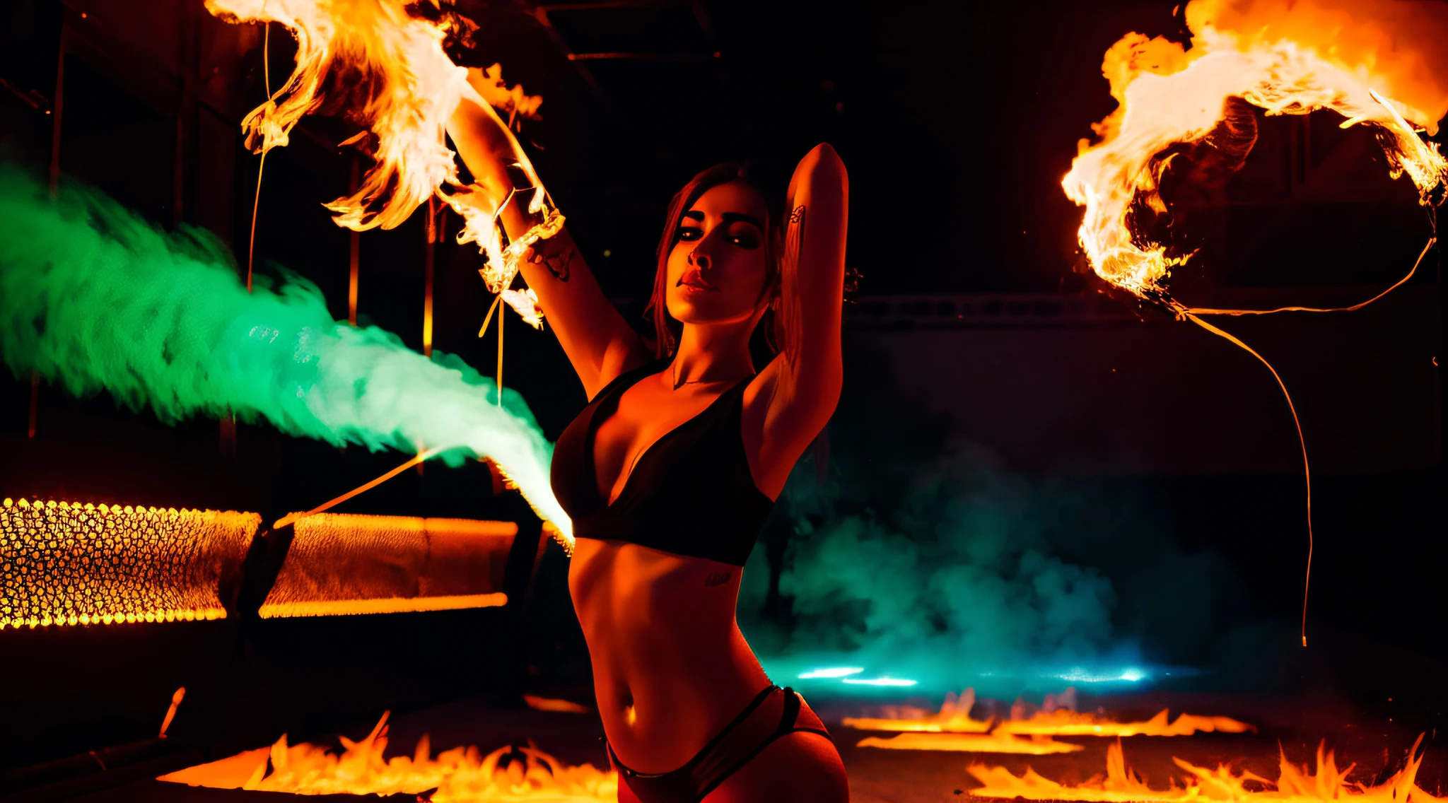 beautiful girl in the club sourrounded by colorful flames ,dance
