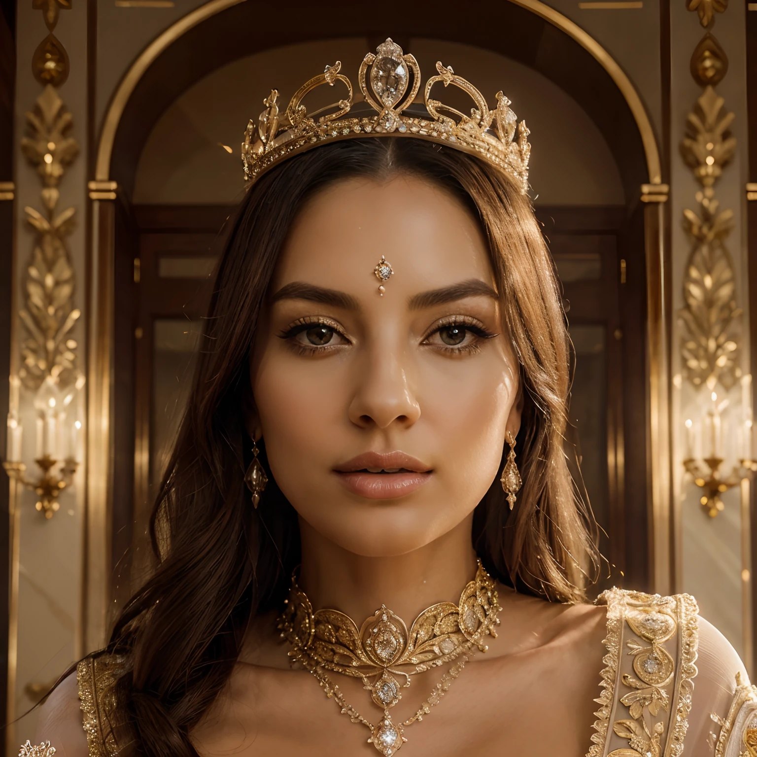 (masterpiece, 8K, oil painting:1.3, style by Greg Rutkowski:1.2), Queen Artemisia I, (crown of Caria:1.2), detailed gold filigree, royal attire, majestic throne, columned court, vibrant tapestries, (flames of braziers flickering:1.1), ancient Carian script on stone walls, powerful gaze, warm colors, rich details, extreme close-up, looking at viewer.