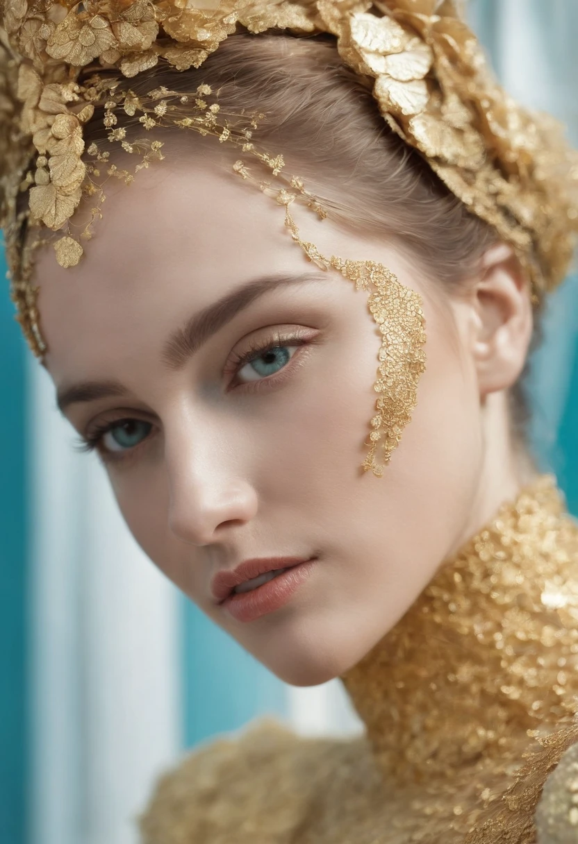 HRD HRD Gold Digital Makeup Woman with Bee, In the style of texture composition, Mosaic-like form, A glowing 3D object, Conceptual sculpture, Deep white and yellow and aquamarine, Angie Core, Detailed character design
