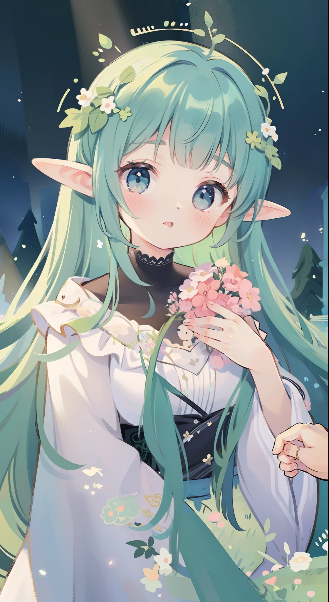 high high quality,masterpiece,Delicate facial features,Delicate hair,Delicate eyes,Delicate hair,animemanga girl,deer antlers,Black color hair,florals, Dreamy style, Fantastic flower garden,fantasy style clothing,Romantic dress, beautiful and elegant elf queen, a beautiful fantasy empress, Fantasy art style, ((a beautiful fantasy empress)), Anime fantasy illustration, high priestess, fey queen of the summer forest, anime art nouveau, goddess of the forest, portrait of an elf queen, A beautiful artwork illustration,8K high quality detailed art(Delicate facial portrayal)(Fine hair depiction)(highest quality)(Master masterpieces)(High degree of completion)(a sense of atmosphere)8k wallpaper,tmasterpiece,Best quality at best,ultra - detailed