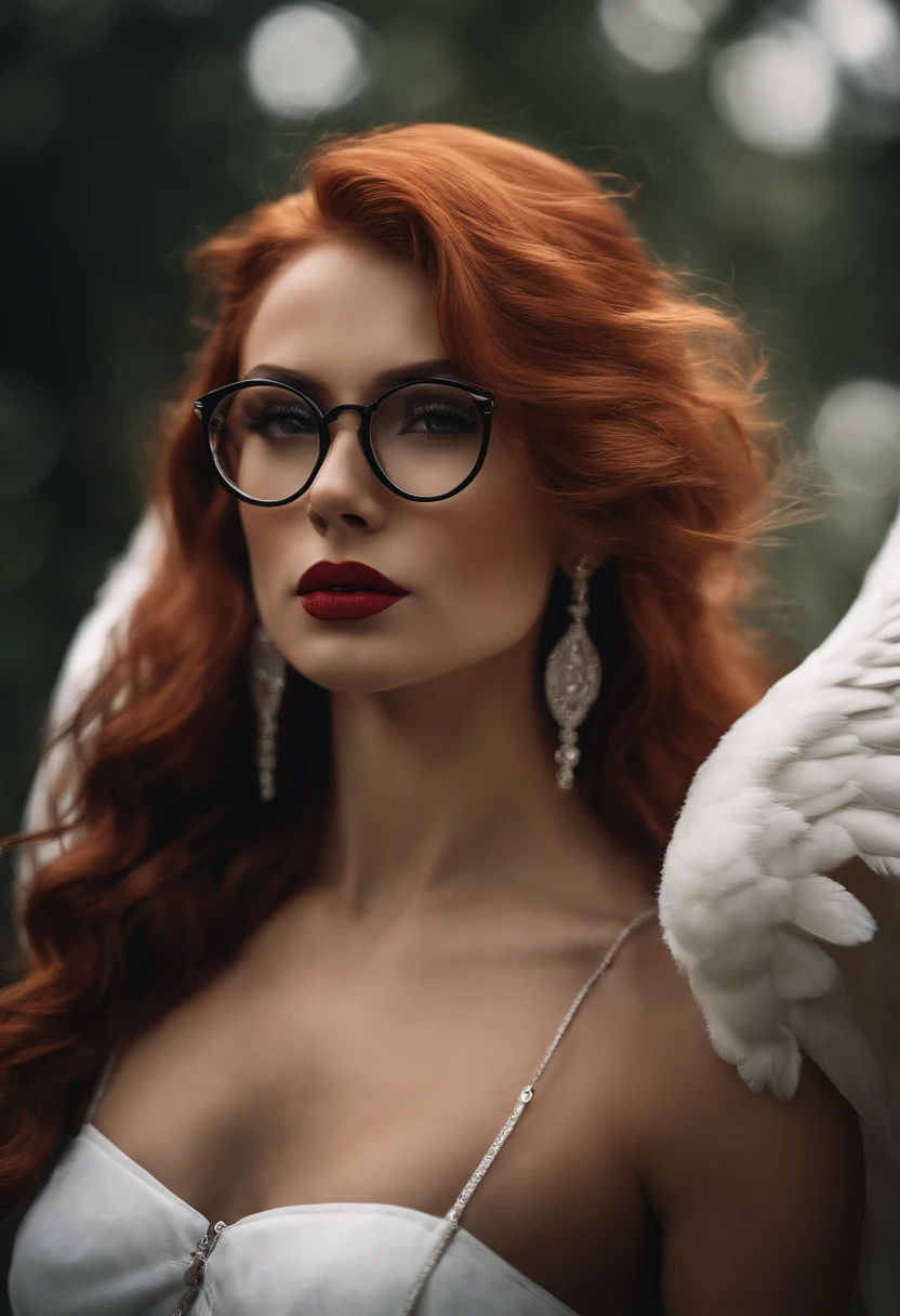 Red hair, poppy-red clothes, glasses, stud earrings, vintage, feminine, 8k, masterpiece, best quality, excellent detail) , (high saturation, best shadows, best light, extremely delicate bleaching) dark style, Cybelle, Swan girl, valkyrie, air elemental, winged girl, large white wings, athletic, fit, fitness model, athletic, athlete, athletic fashion model, tall, strong, great abs kind expression