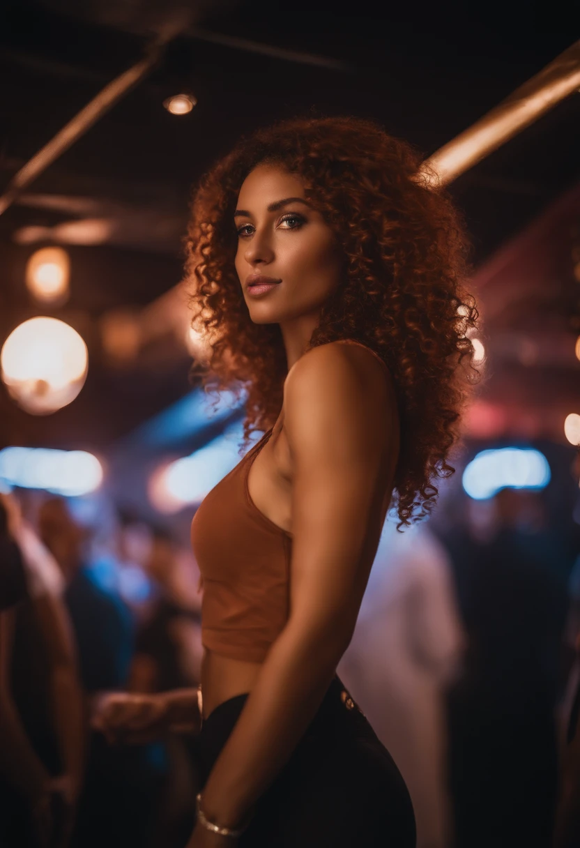 Sexy woman, 23 years old, slim, athletic, grey eyes, tanned skin, big breasts, narrow waist, instagram model, realistic, instagram picture, photography, curly redhead, on the discoteque, cinematic, dimmed colors, dark shot, film grainy, insane details, intricate details, hyperdetailed, closeup