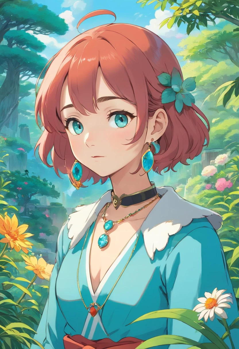 a girl wearing an anime collar, a long necklace and earrings, in the style of tranquil gardenscapes, colorful animation stills, masami teraoka, aquamarine, paul gauguin, Embry style, honest portrayal