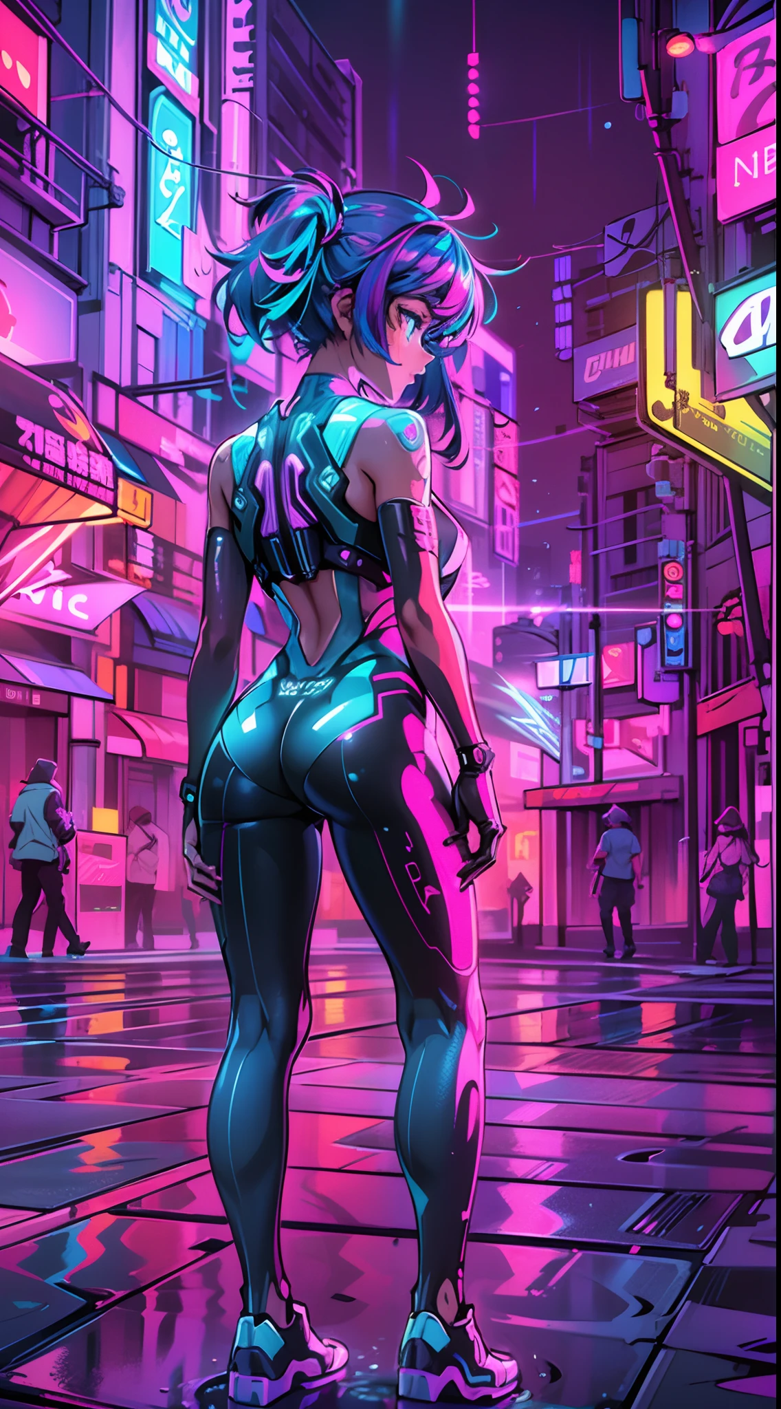 woman、Back view、Neon City、Cyberpunk City, Futuristic, heavy rain, 8K, アニメ壁紙 8K, Absurd, Super sharp, night, street, Japan, Blue atmosphere, raindrop, Rain-soaked body