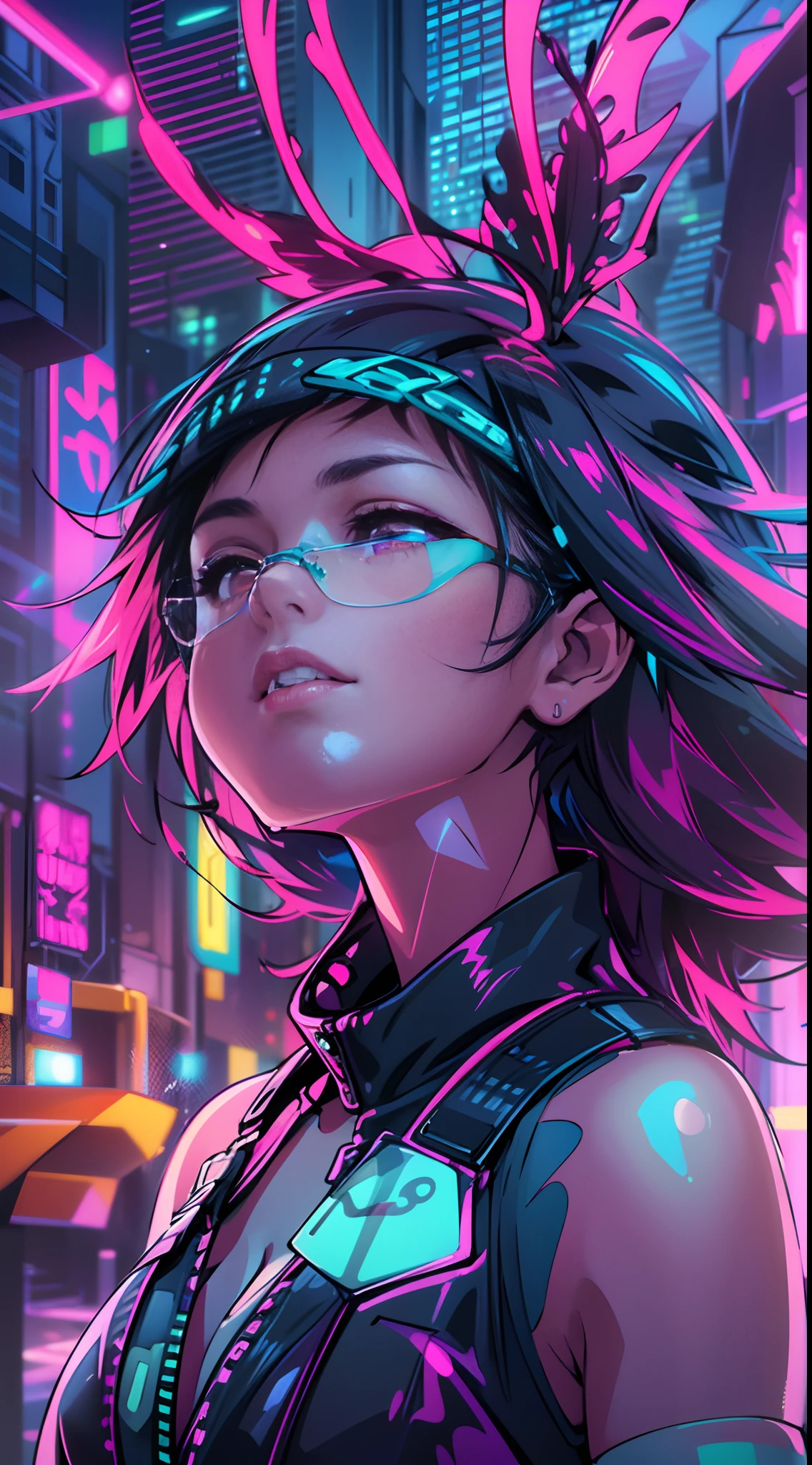 (best quality,4k,8k,highres,masterpiece:1.2),ultra-detailed,(realistic,photorealistic,photo-realistic:1.37),cyberpunk girl,Neon Kaleidoscopixie,girl with vibrant neon hair,vibrant glowing eyes,glowing neon tattoos on her body,high-tech cybernetic implants,shimmering holographic clothing,gritty urban cityscape background,bright neon lights and signs reflecting on wet pavement,pixelated digital rain falling,giant holographic animal companions following her,futuristic hoverboard under her feet,deep shadows and contrasting colors,retro-futuristic aesthetics,fluorescent lights creating a surreal atmosphere,visually stunning and immersive,neon-lit underground club scene,sharp focus on her captivating expression,iridescent butterfly wings sprouting from her back,energetic cyberpunk music playing in the background,cityscape illuminated by neon skyscrapers,artificial intelligence assistant floating by her side,transparent umbrellas shielding her from the rain,LED light trails following her movement,electric blue and hot pink color palette,evoking a sense of mystery and excitement,blinking neon signs advertising futuristic gadgets,enhanced reality glasses enhancing her vision,holographic art installations evolving in the city,wireframe buildings and floating platforms,interplay of light and shadow creating dramatic effects,mix of organic and mechanical elements depicting the blend of humanity and technology,embracing the spirit of rebellion and individuality,depicting a futuristic world filled with energy and technology advancements.