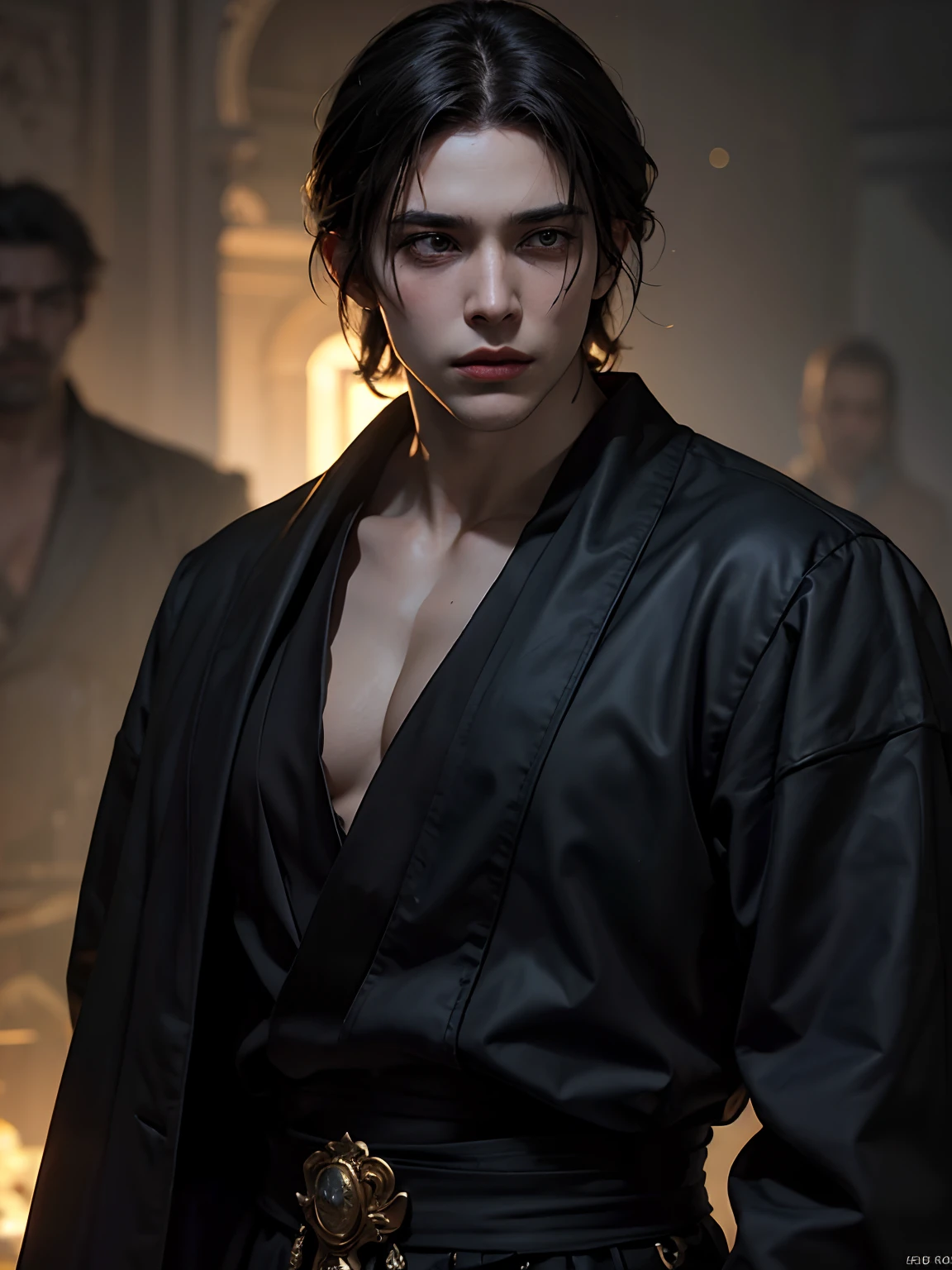 1man, stern look, 6th Century catastrophe, post-apocalypse, solo focus, adult, pale and young adult face, short black hair, black silk robe with golden lining, palace, realistic, dynamic pose realistic, detailed and correct facial structure, dark atmosphere, blades ornaments, LEON S. KENNEDY, handsome, attractive, slightly muscular, cinematic lighting, unreal engine, trending on ArtStation, intricate details,  masterpiece, best quality, by Irakli Nadar, Greg Rutkowski，(((best quality))),(((ultra detailed))),(((masterpiece)))