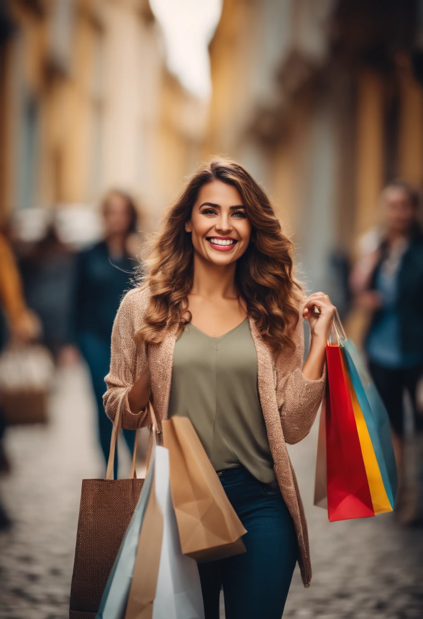 mulher sorridente, feliz com varias sacolas de compras coloridas