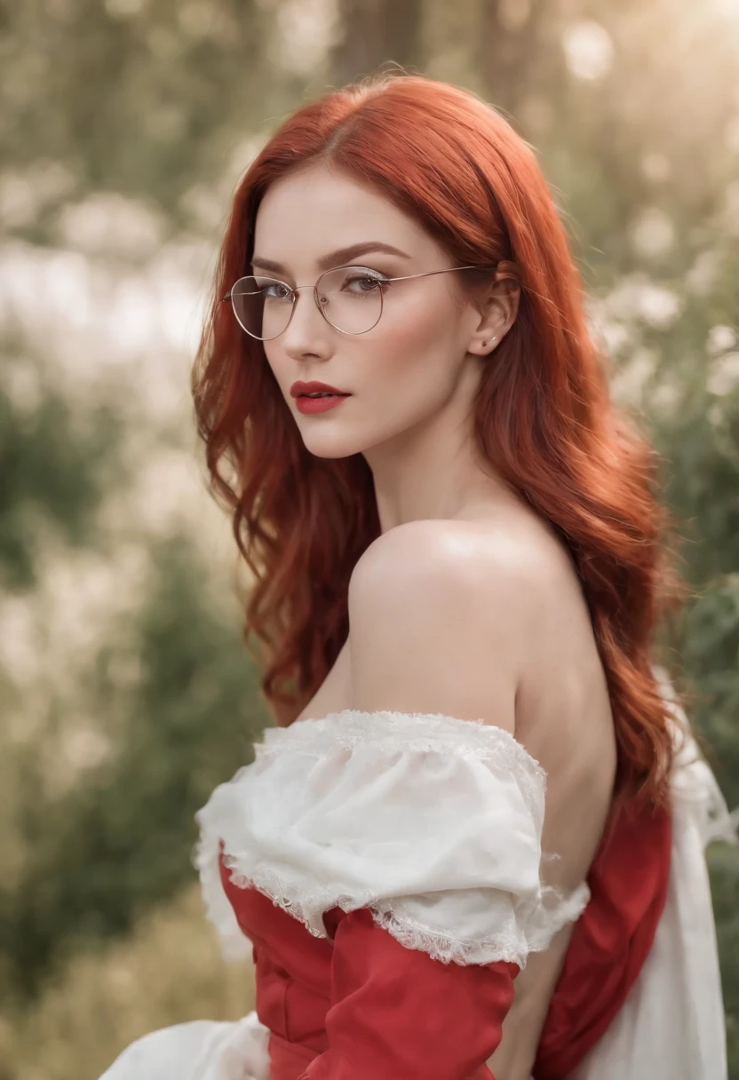 Red hair, poppy-red clothes, glasses, stud earrings, vintage, feminine, 8k, masterpiece, best quality, excellent detail) , (high saturation, best shadows, best light, extremely delicate bleaching) dark style, Cybelle, Swan girl, valkyrie, air elemental, winged girl, large white wings, athletic, fit, fitness model, athletic, athlete, athletic fashion model, tall, strong, great abs kind expression