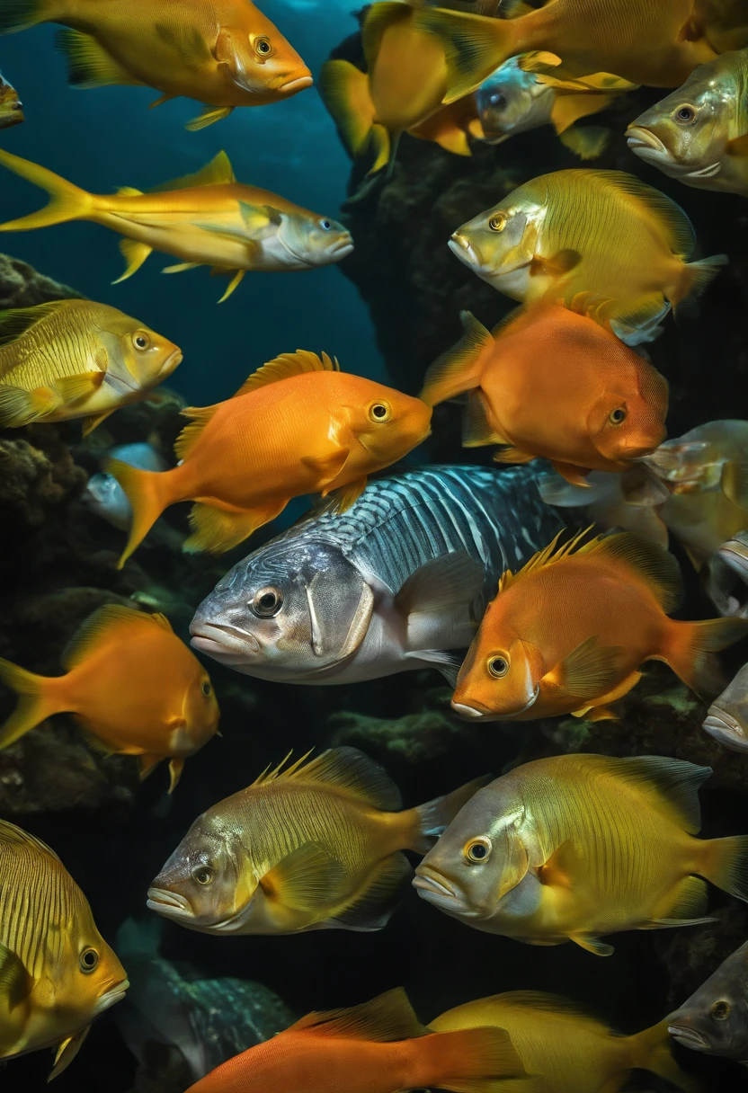 Medium-sized fish(Such as mullet) Obvious mullet characteristics Deep sea pollution Radioactive waste Ecosystem collapse Broken food chains Unnatural colors Rethinking our behavior Missing fins Realism