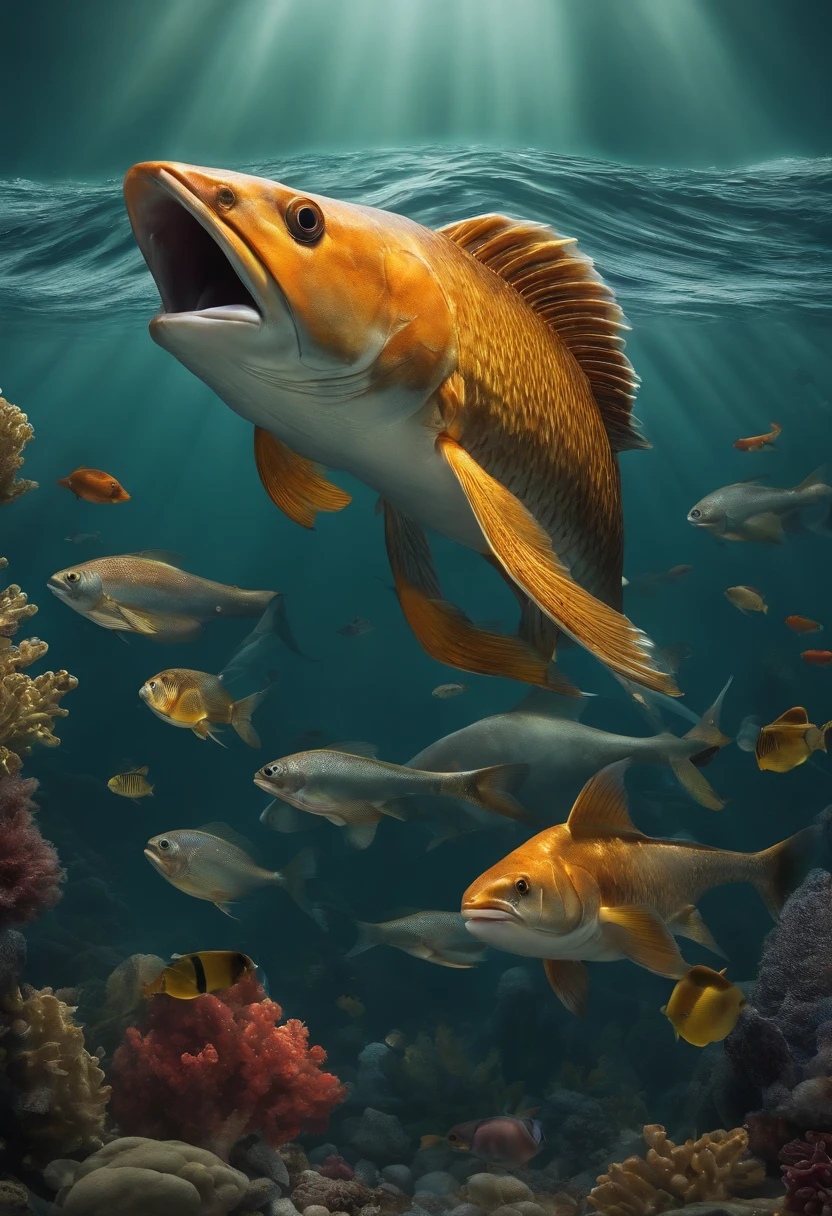 Medium-sized fish(Such as mullet) Obvious mullet characteristics Deep sea pollution Radioactive waste Ecosystem collapse Broken food chains Unnatural colors Rethinking our behavior Missing fins Realism