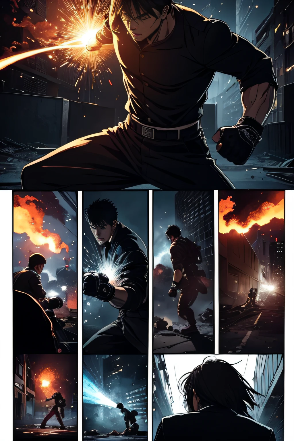 (Illustration sub-shots)Black and white Japanese manga,There are multiple panels on the page::The man roared。,He clenched his fists,A punch to the school bully's jaw。Image from《Fight》Magazines,《Hot-blooded universities》author:tatsuki fujimoto。Highly detailed dynamics reveal the film's clear lines。(Action burst shots):: Stunning,Vivid lighting and vivid shadows,Smoke transformation,Arc of light,Explosive particles,Strong visual impact.Background with::Abandoned streets,shot of::Shoot the whole body at a low angle,Action close-up,Top side light - niji 5 --q 2 ---16K(Speech bubbles with text,Comic sound effect stickers)
