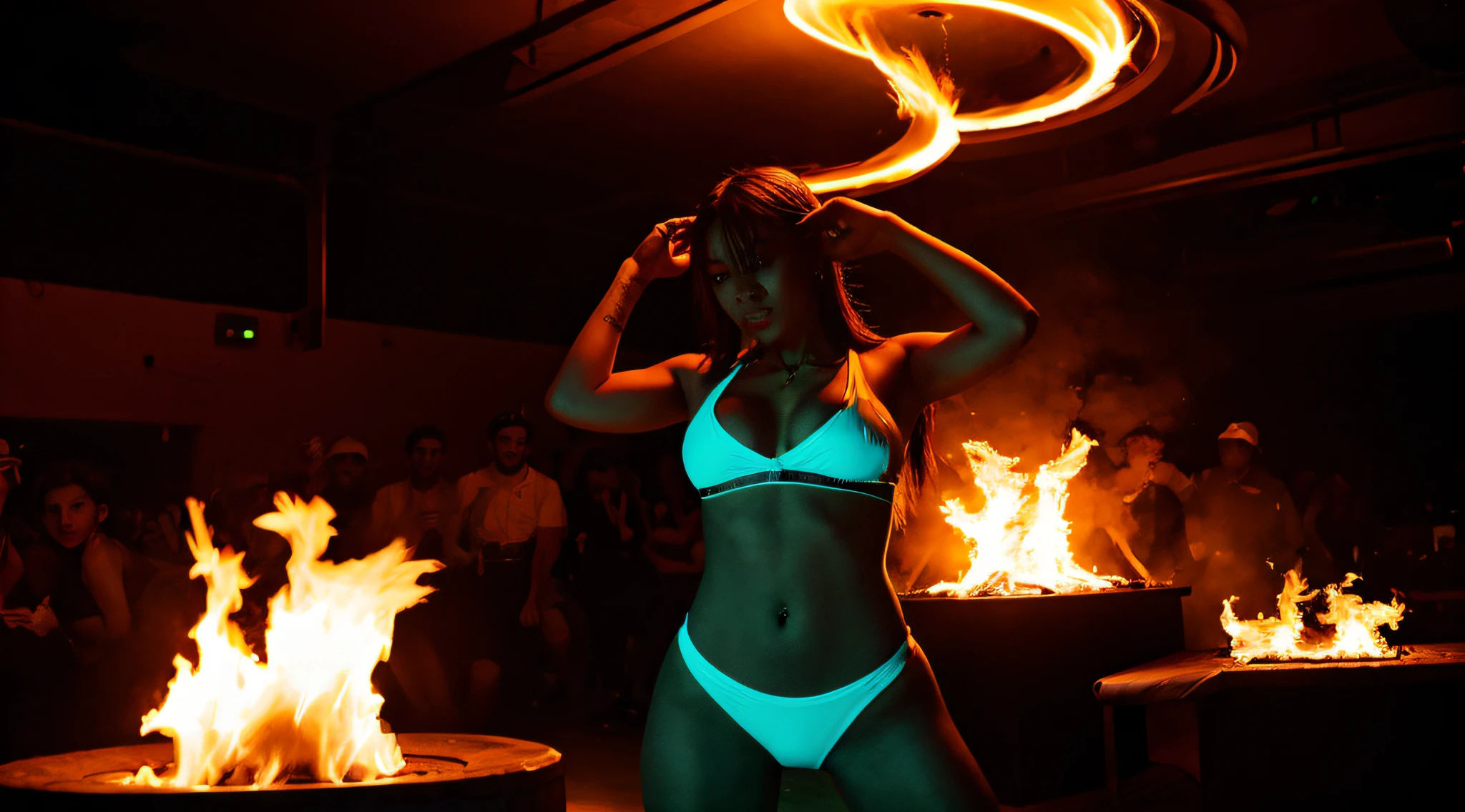 beautiful girl in the club sourrounded by circular colorful flames , she is so sexy and dance